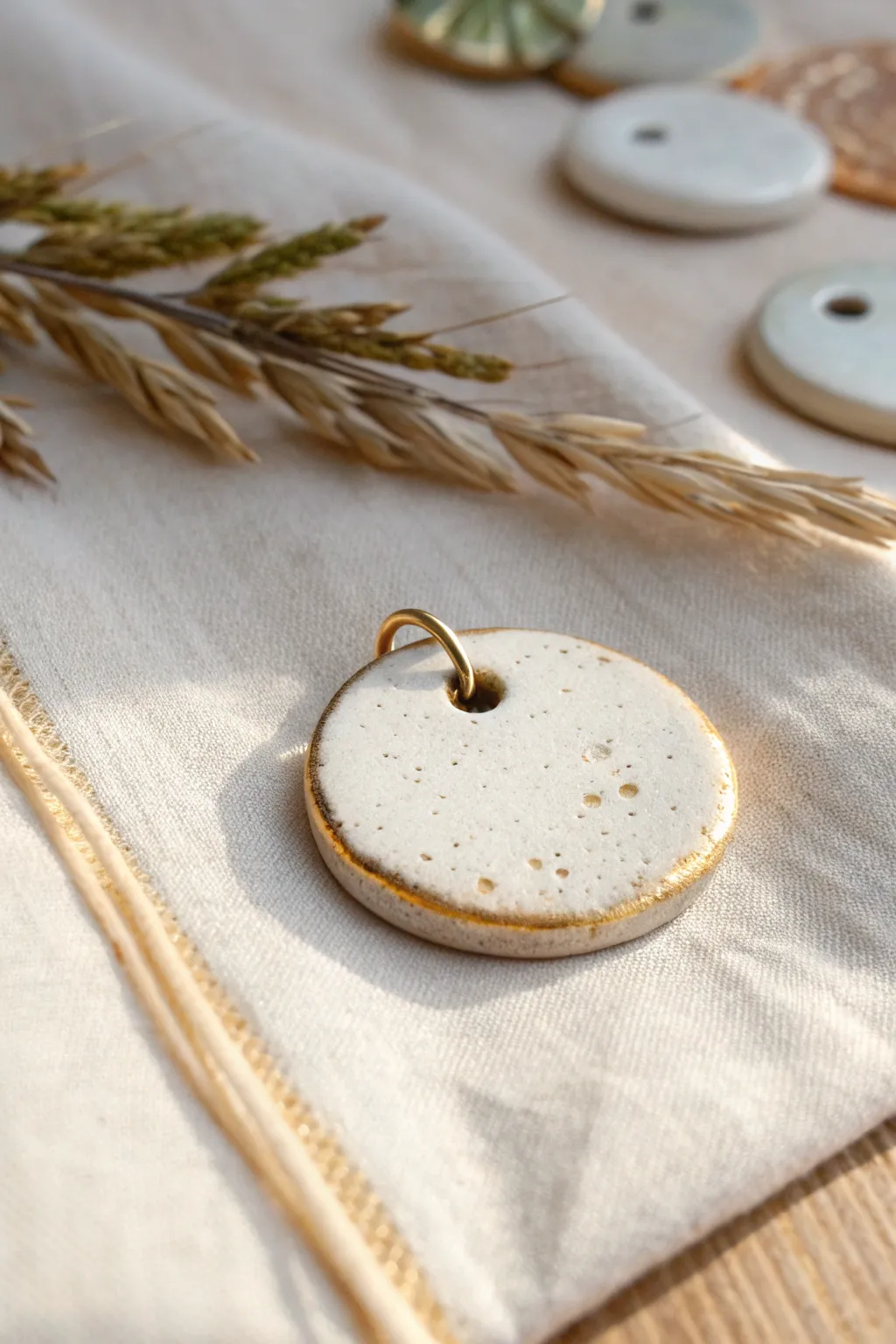 Minimal ceramic charm with gold luster edge, an easy DIY jewelry accent with boho calm.