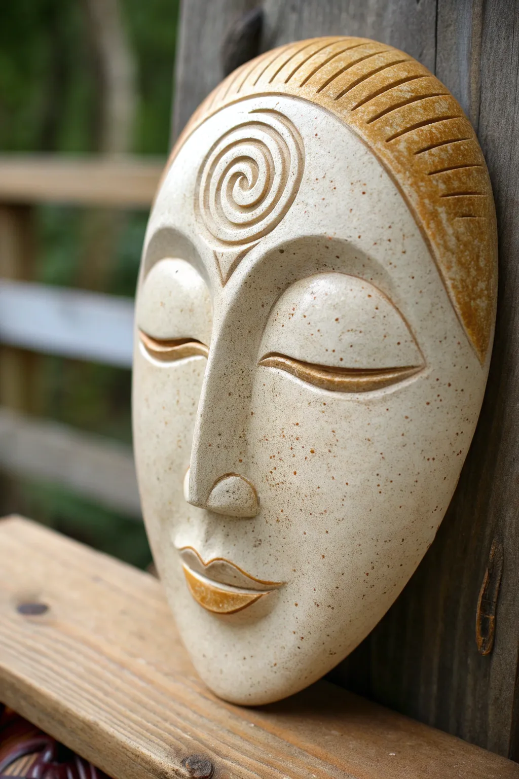 Minimal ceramic mask with a raised spiral divider, matte and glossy halves in calm neutral tones