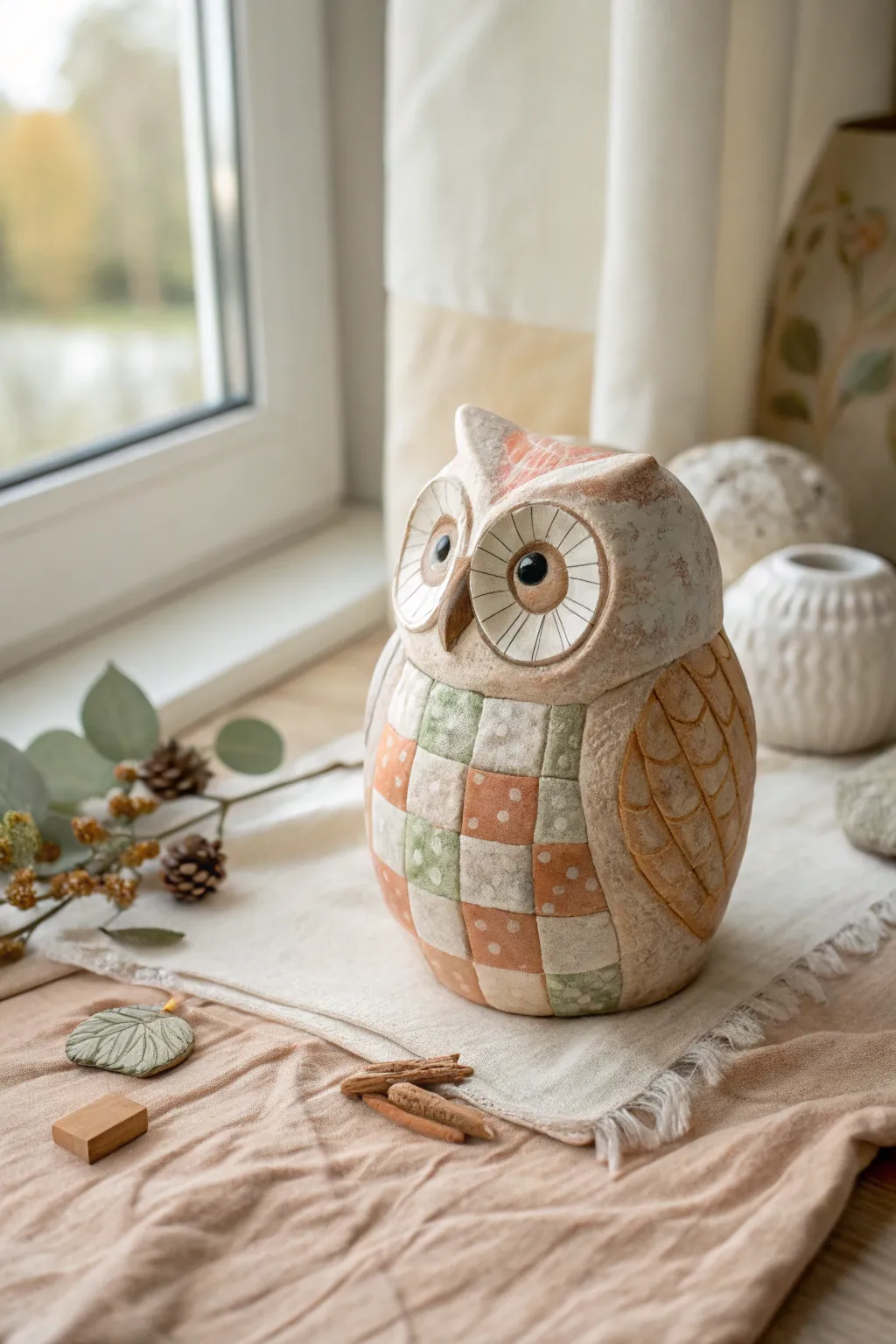 Patchwork quilt owl in soft earthy tones, a simple painted ceramic design with cozy handmade charm.