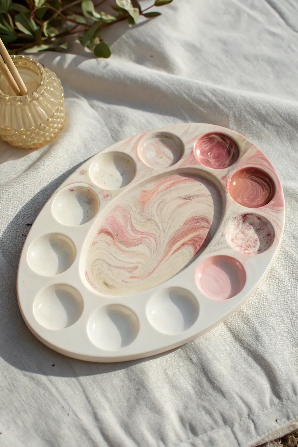 Glossy ceramic paint palette with a dreamy marbled swirl center for effortless color mixing.