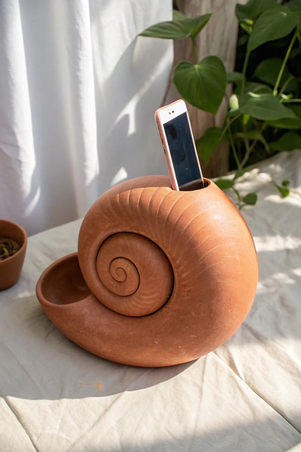 Coil-built spiral horn phone amplifier, minimalist Scandinavian clay with a soft boho swirl.