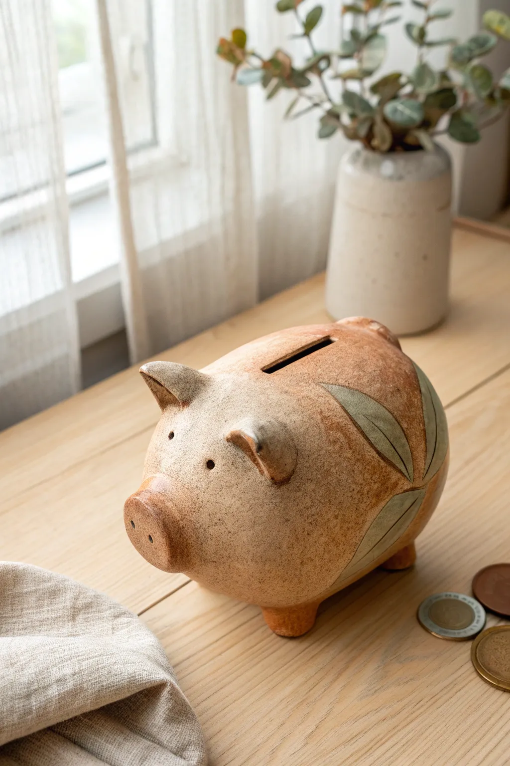 Rustic handbuilt ceramic piggy bank with warm earthy glaze and beautiful tool-marked texture