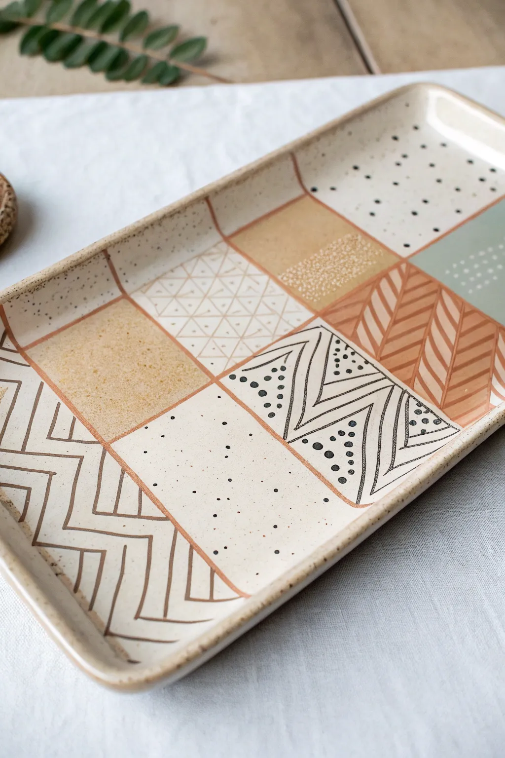 Tile inspired patchwork platter in soft earthy tones, minimalist patterns, handmade calm.