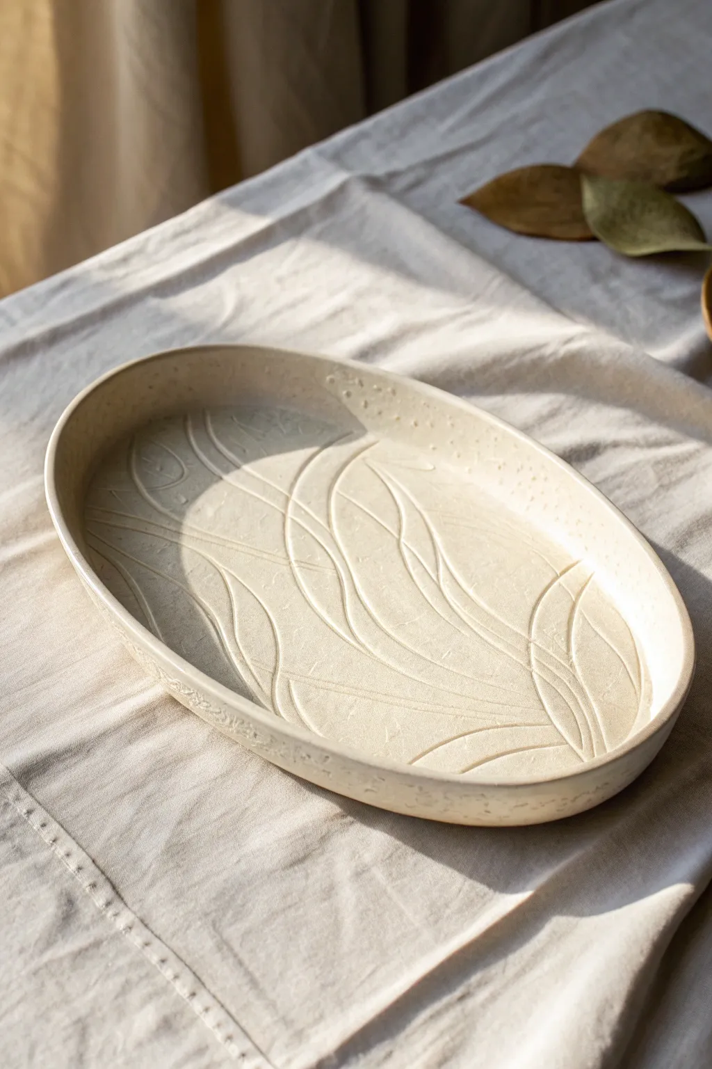 Matte ceramic platter with carved topographic lines, softly side-lit for sculptural contrast.