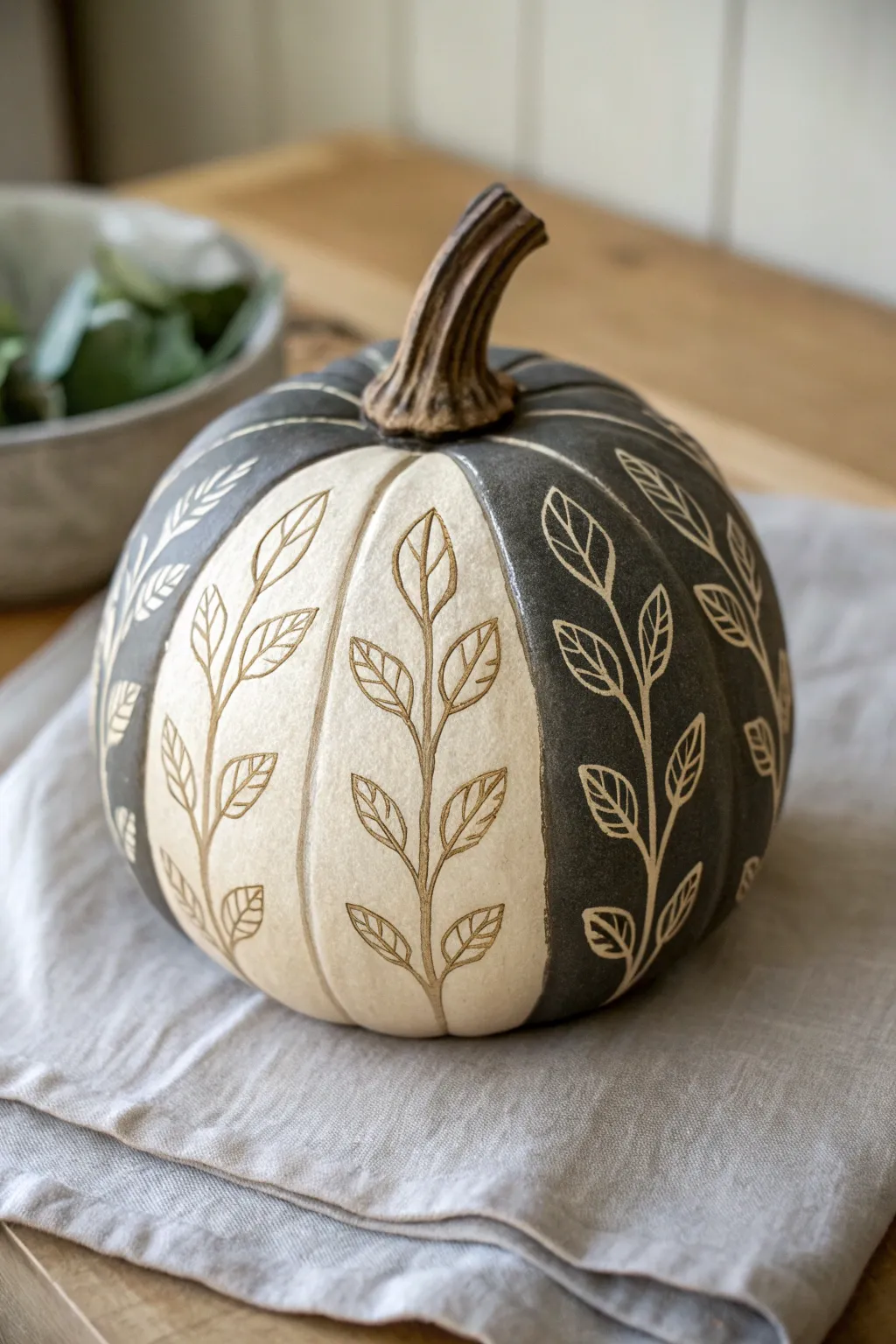 Two-tone sgraffito ceramic pumpkin with simple carved leaf motifs and cozy minimalist contrast