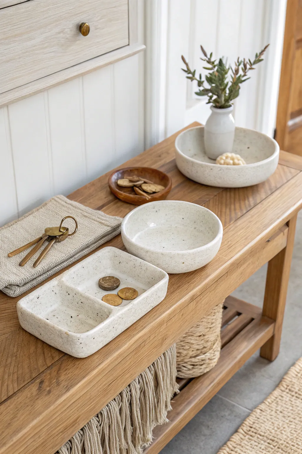 Minimal ceramic catchall dish set for a calm entryway, perfect for keys and loose coins