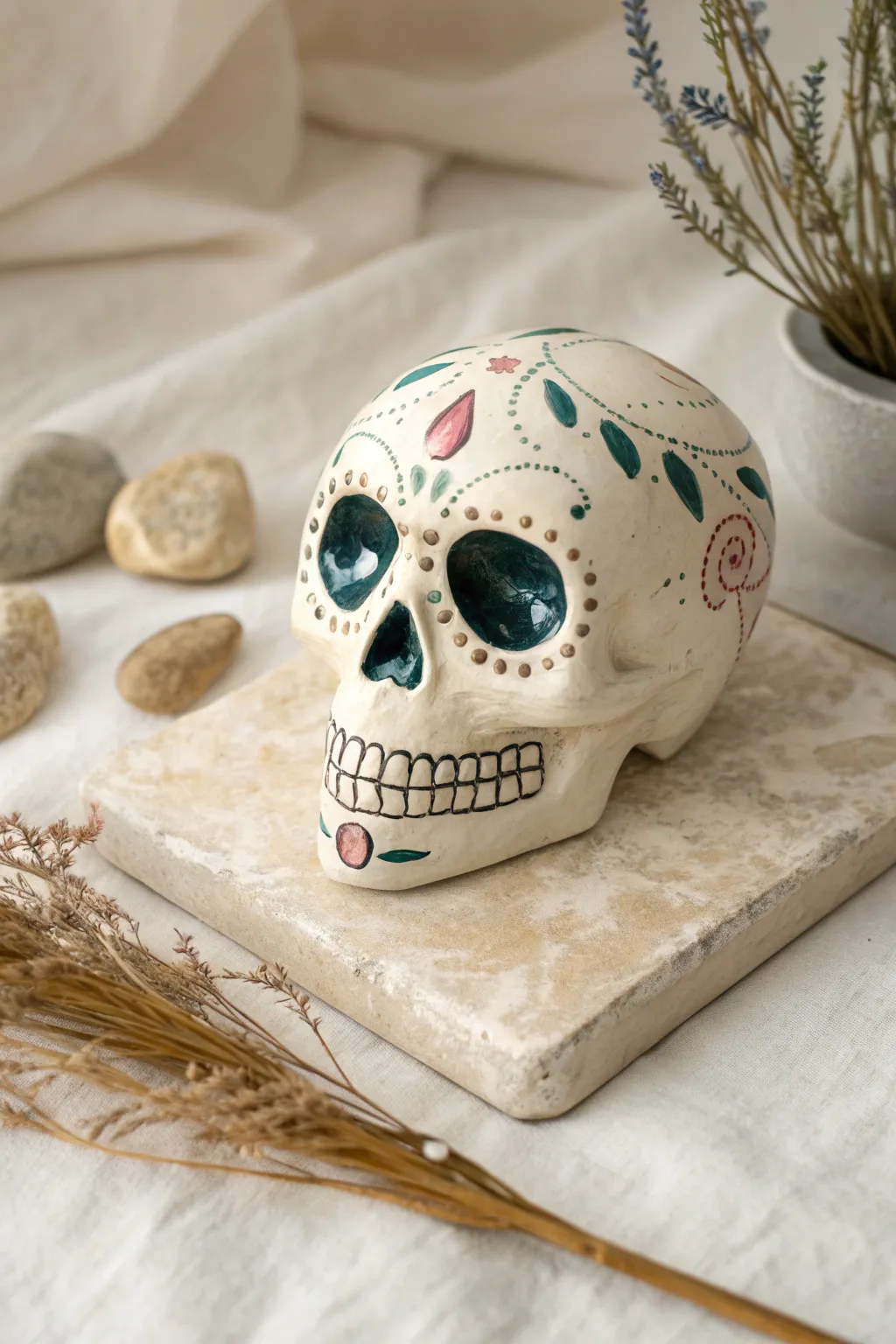 Minimal sugar skull with painted gemstone accents, glossy highlights, soft Scandinavian calm