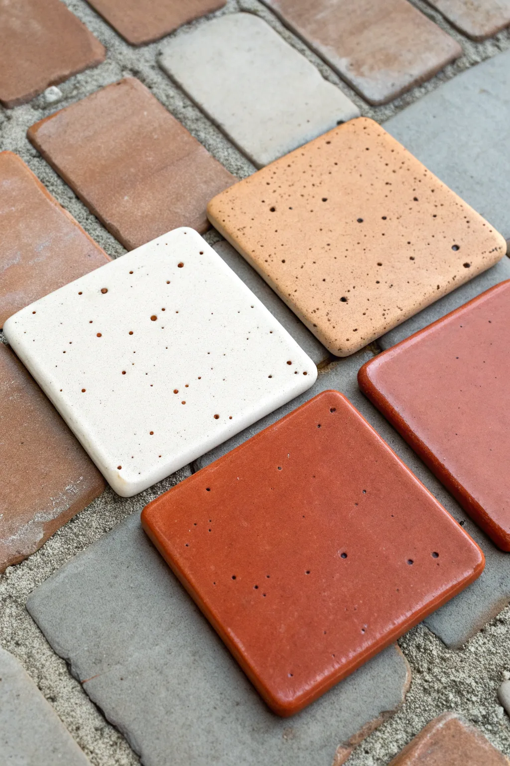 A matching trio of glazed test tiles shows how the same glaze shifts across different clay bodies.