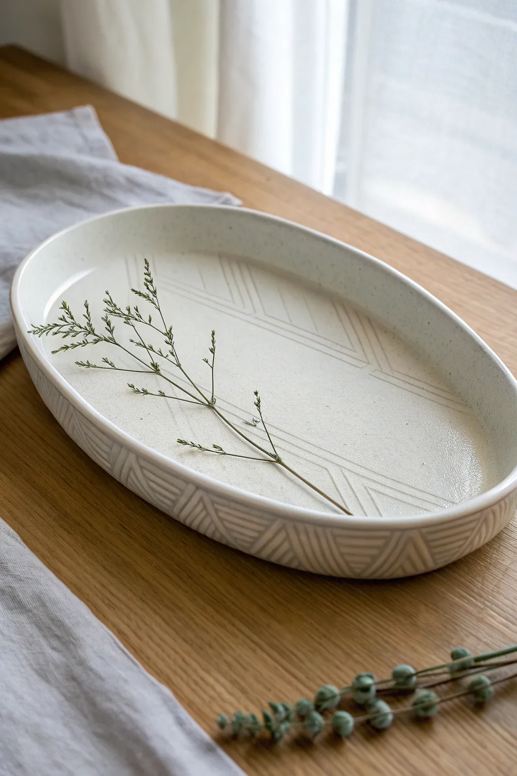 Minimalist Mishima inlaid tray with crisp linework, soft neutrals, and artisan contrast