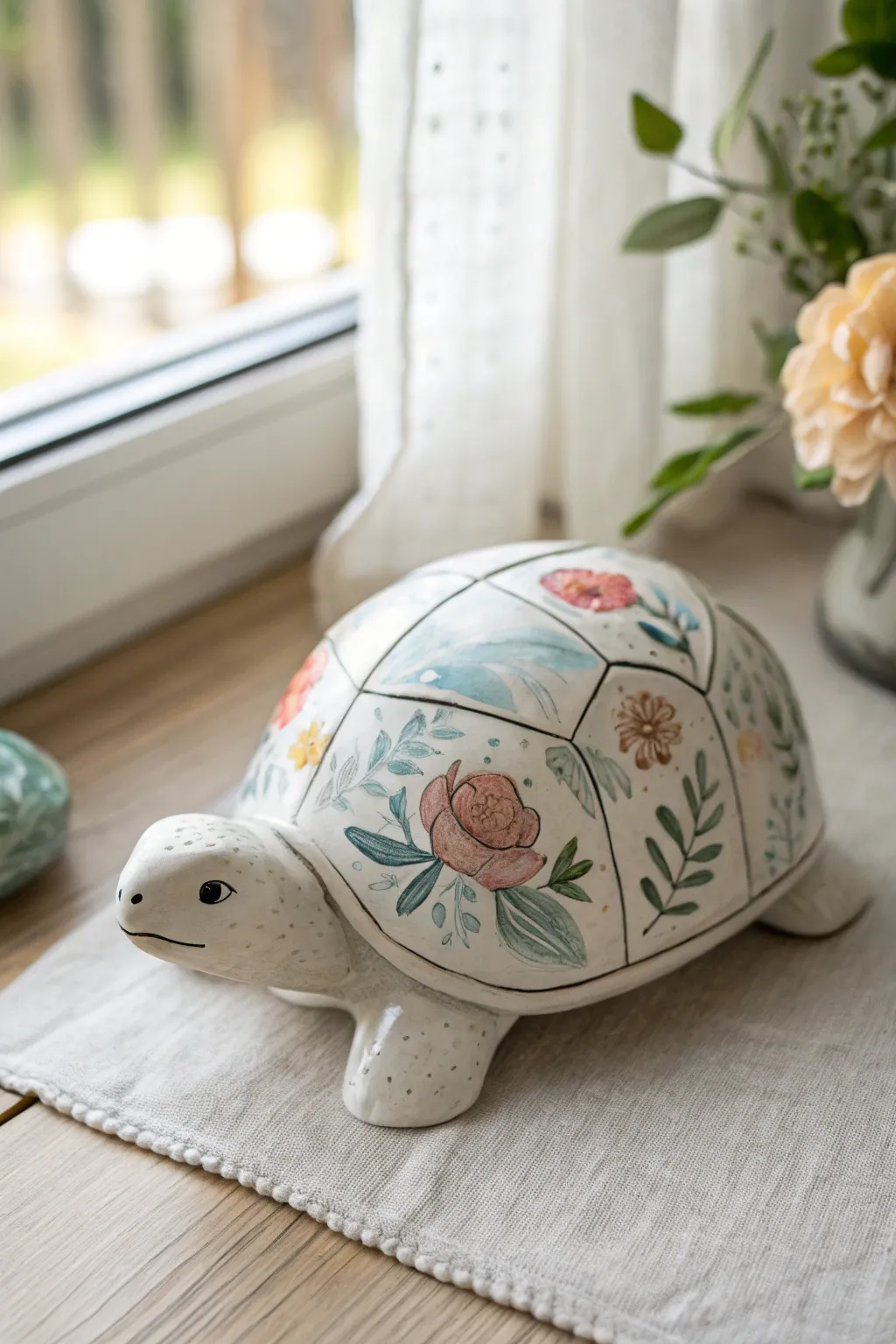 Soft watercolor blooms on a ceramic turtle shell for an airy, minimalist boho finish