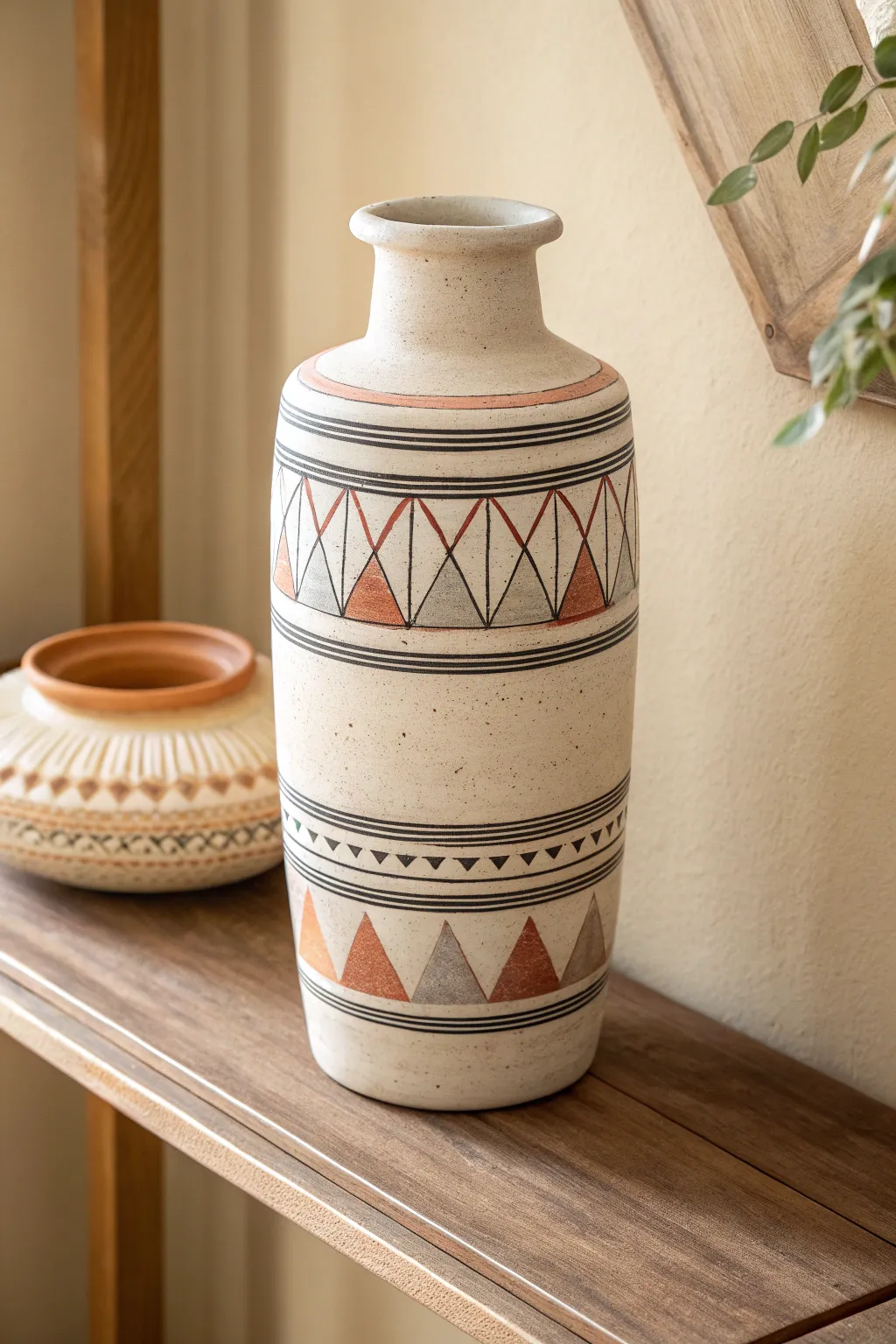 Hand-painted geometric bands transform a simple cylinder vase into modern Scandinavian boho decor.