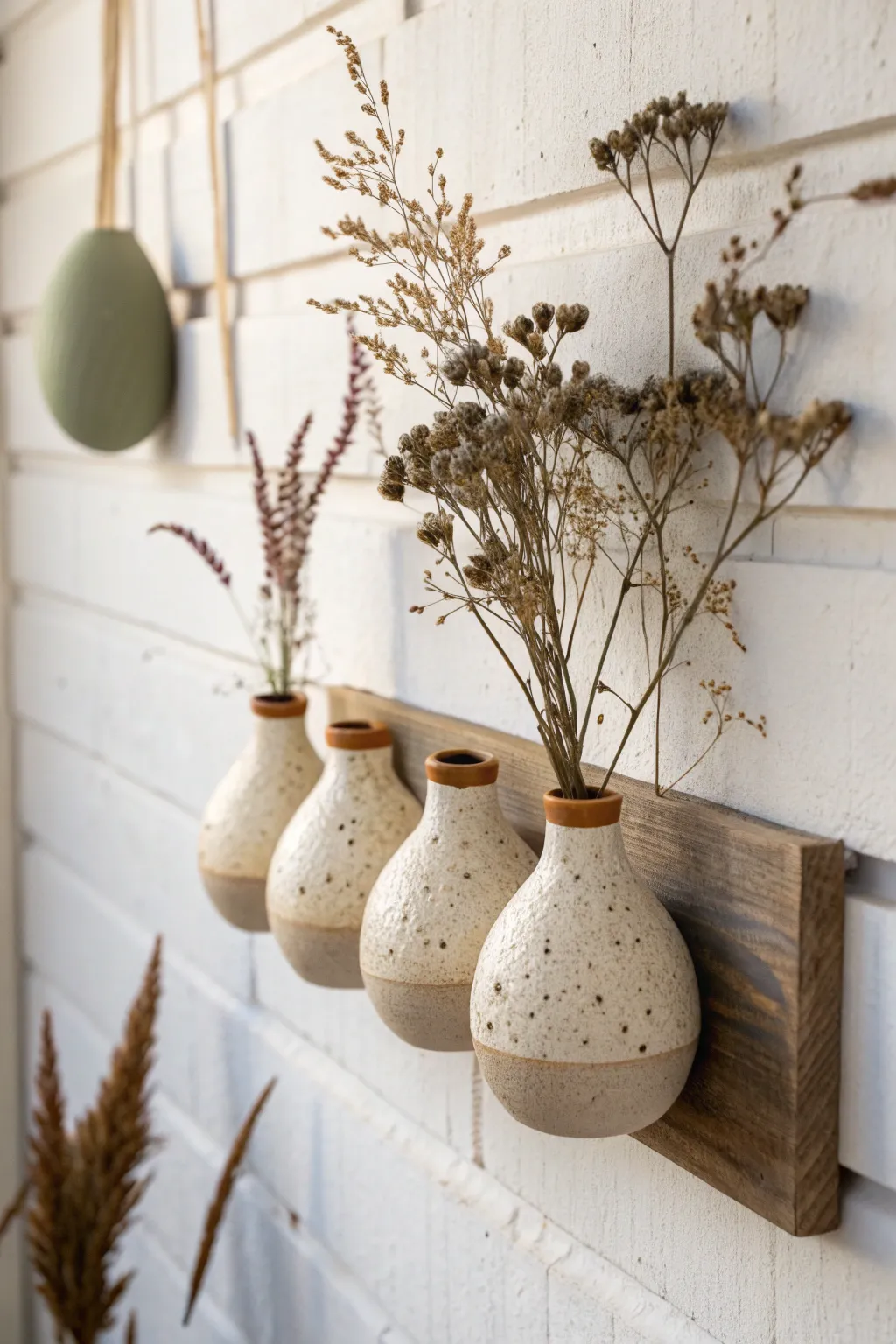 Mini wall bud vases in a soft cluster, speckled matte ceramics with dried stems, cozy calm.