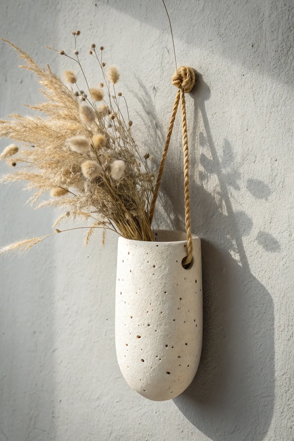 Two-hole twine-hung ceramic wall pocket with wispy dried florals for cozy minimalist boho.