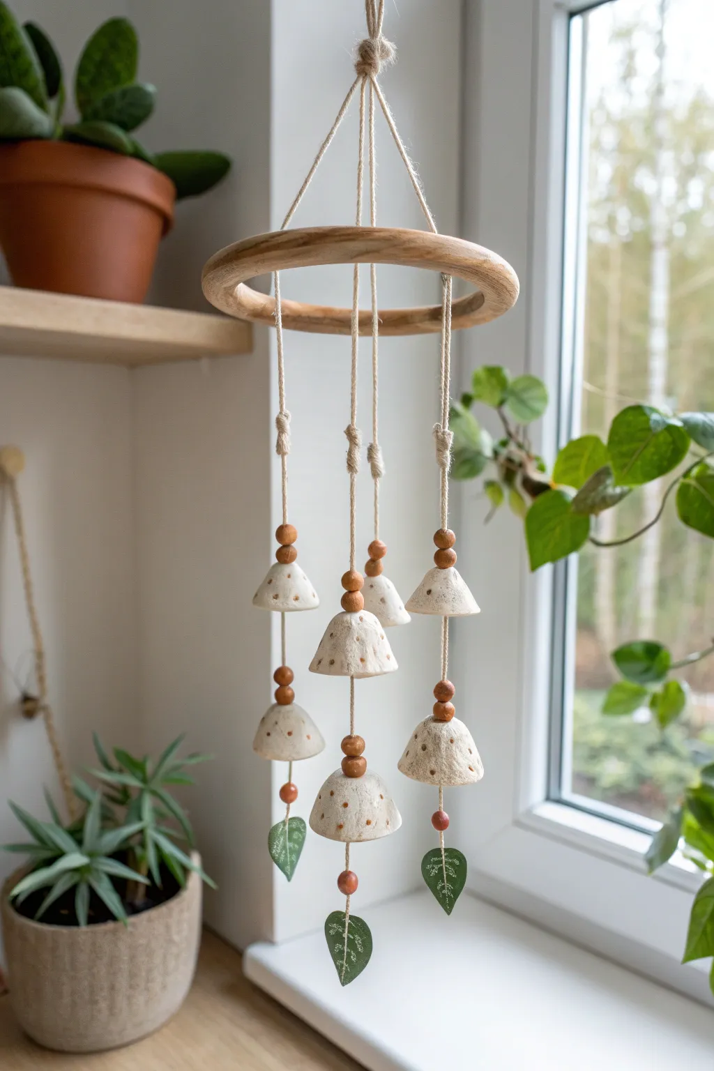 Woodland-inspired ceramic wind chime with tiny mushroom and leaf charms in soft earthy tones.