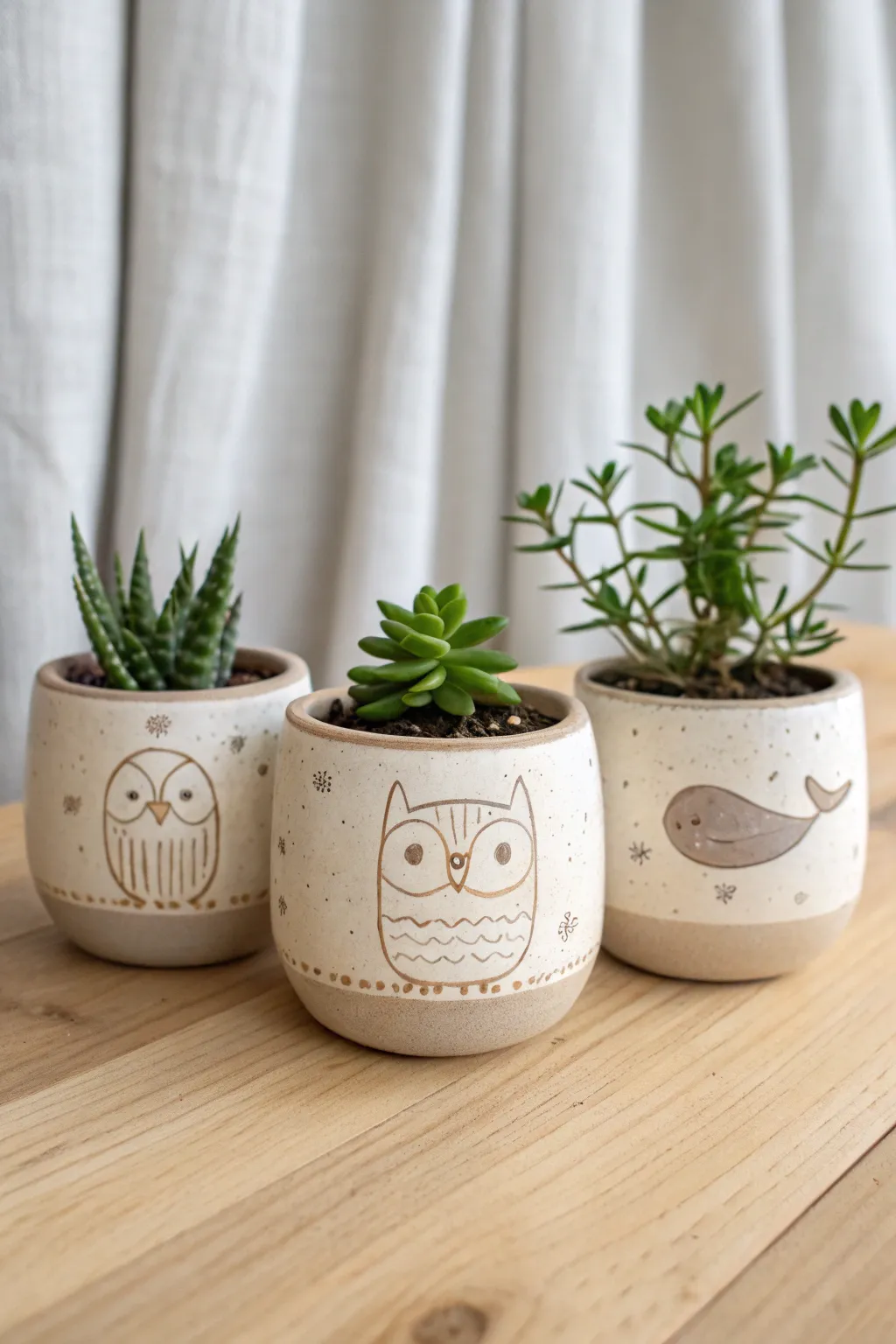A matching animal planter trio in matte speckled glaze for a cohesive, charming final project set