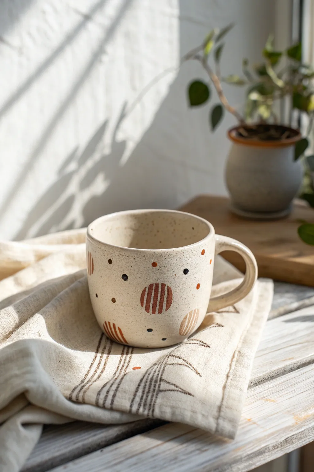 Painted pattern cup with dots and stripes in soft neutrals, a simple and beautiful beginner project.