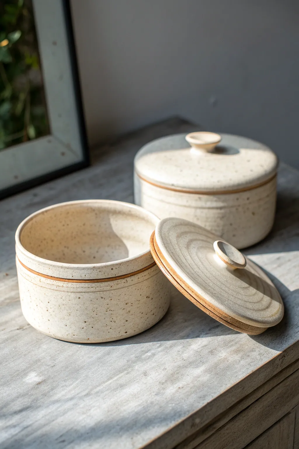 Two simple lidded ceramic boxes with lids ajar, showcasing a snug fit and calm neutral glazes.