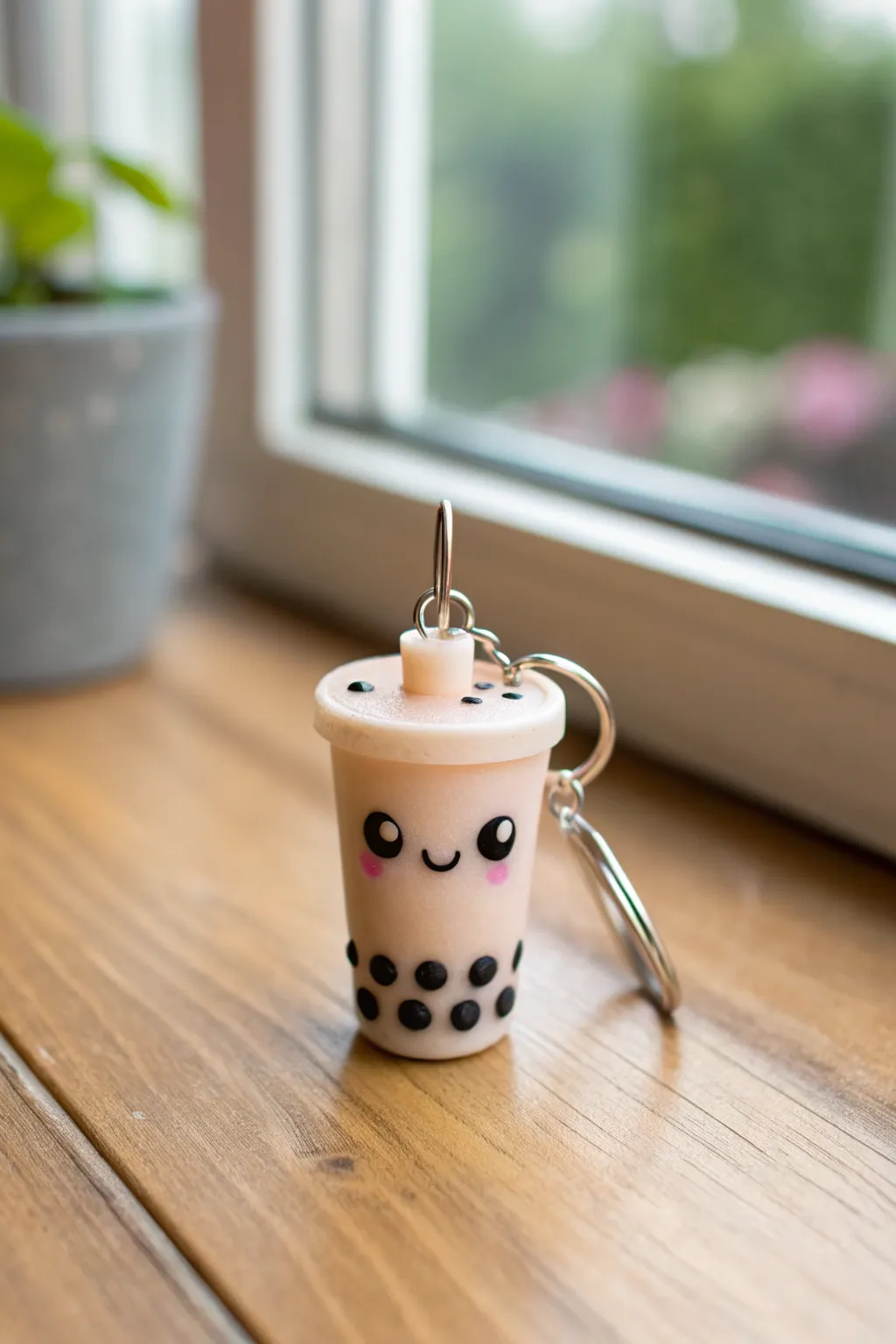 Pastel boba cup charm with a sweet face, simple straw detail, minimalist boho vibes.
