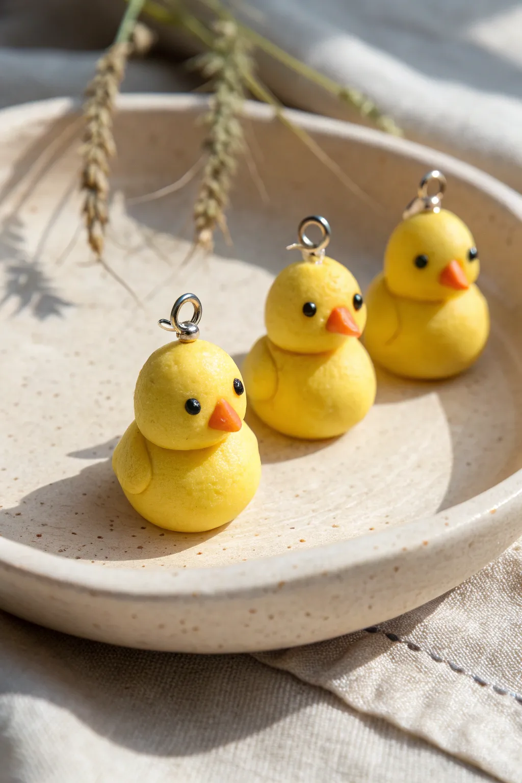 Tiny yellow duckling charms with sweet dot eyes, sunlit and ready to dangle on your keychain.