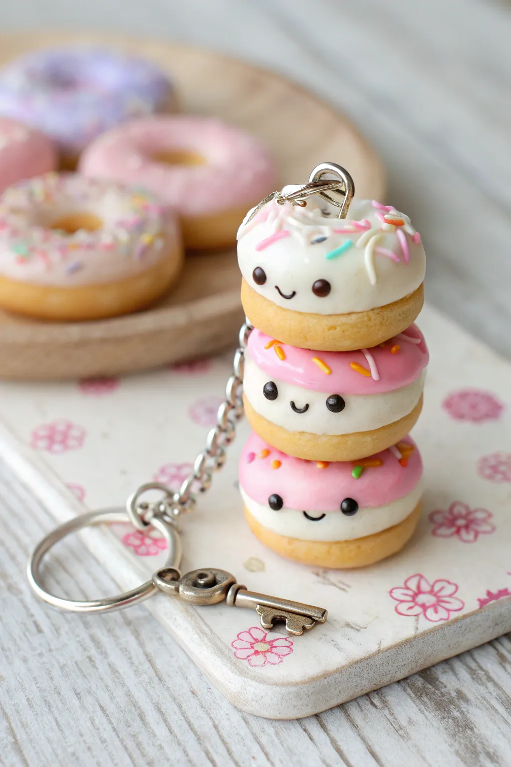Mini donut stack charm trio in soft pastels, simple kawaii faces, and clean Scandinavian vibes