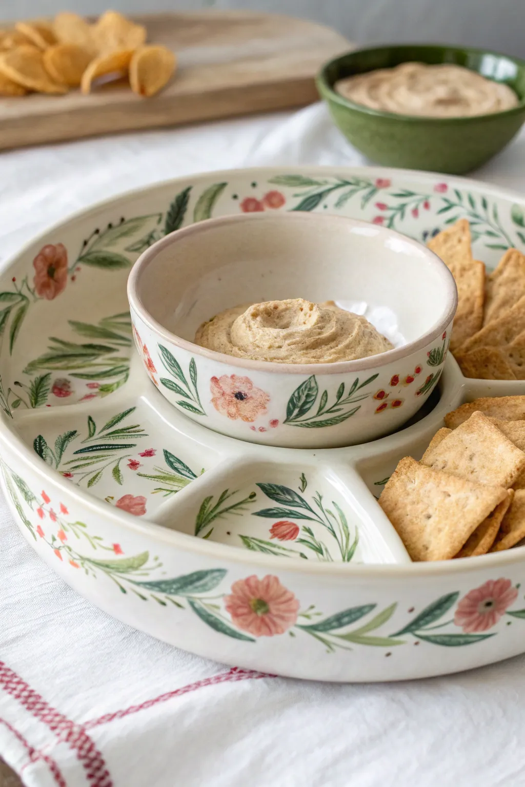 Soft garden florals frame the inner rim, naturally spotlighting the dip well with calm contrast.