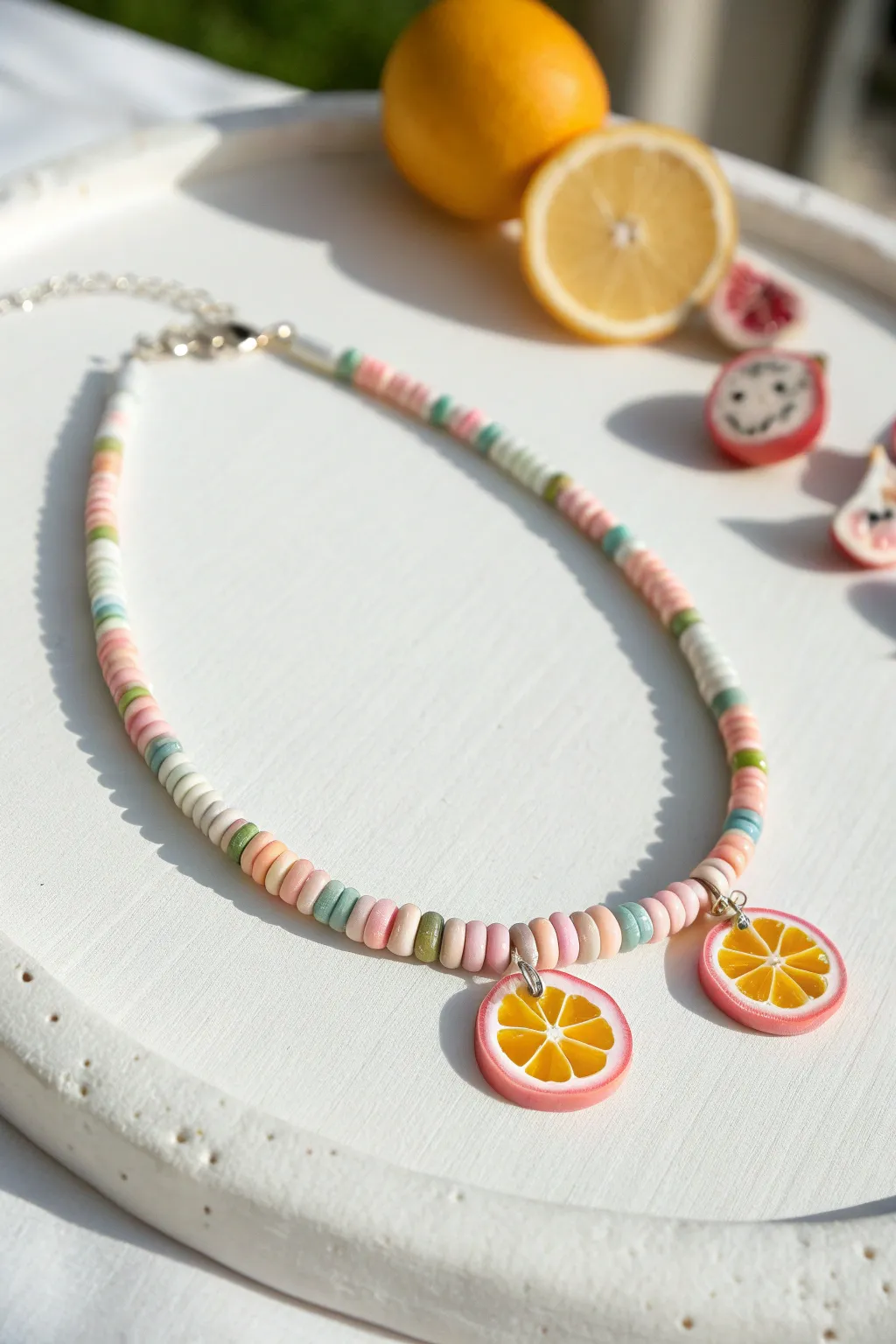 Playful clay heishi choker with tiny citrus-slice charms, minimalist and sunny for layering.