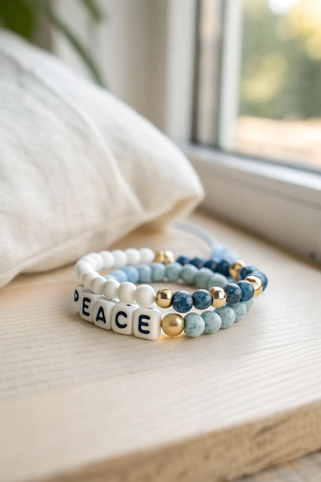 Serene white and blue clay bead bracelet stack with a subtle PEACE centerpiece for calm faith vibes