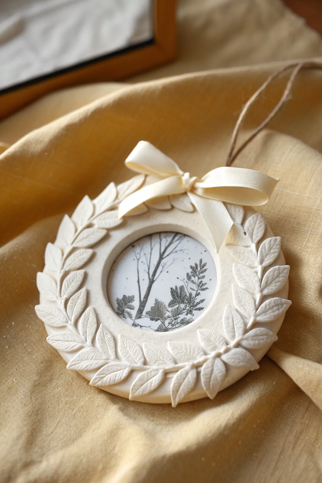 Minimal clay wreath photo-frame ornament with bow and ribbon, a cozy Christmas keepsake.