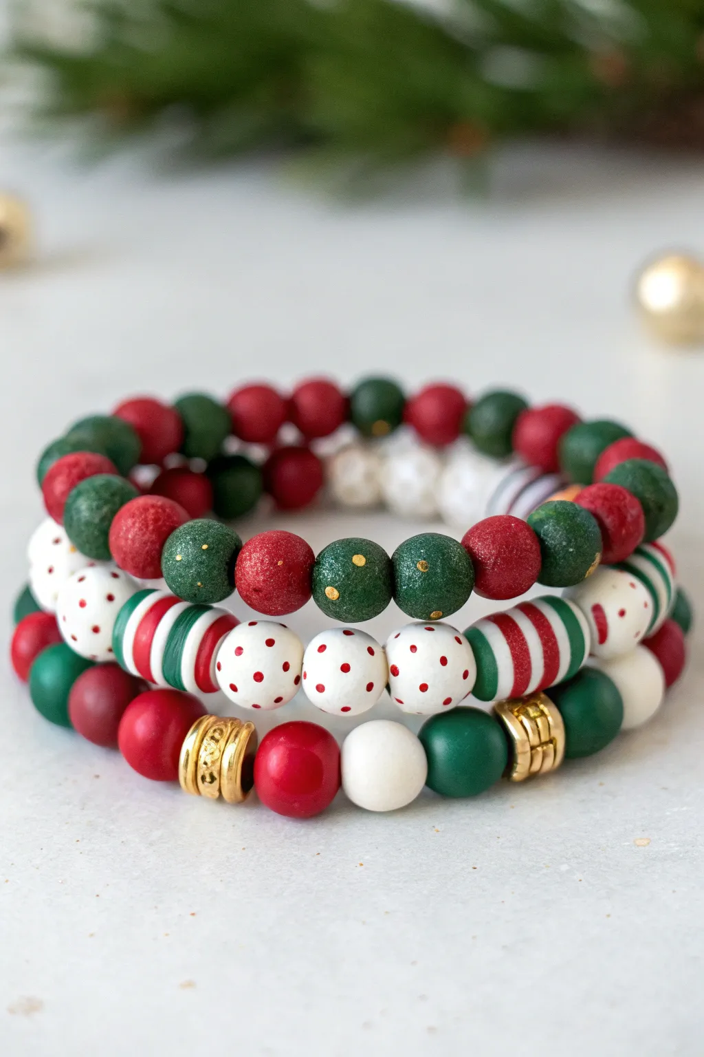 Cozy Ugly Sweater-inspired clay bead bracelet stack in classic Christmas colors and mixed patterns.