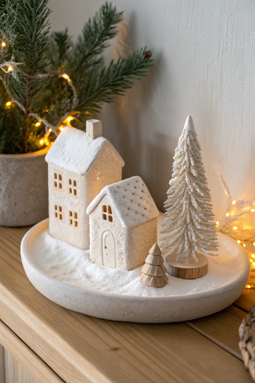 Mini clay Christmas village shelf decor, warm Scandinavian minimalism with beginner friendly charm