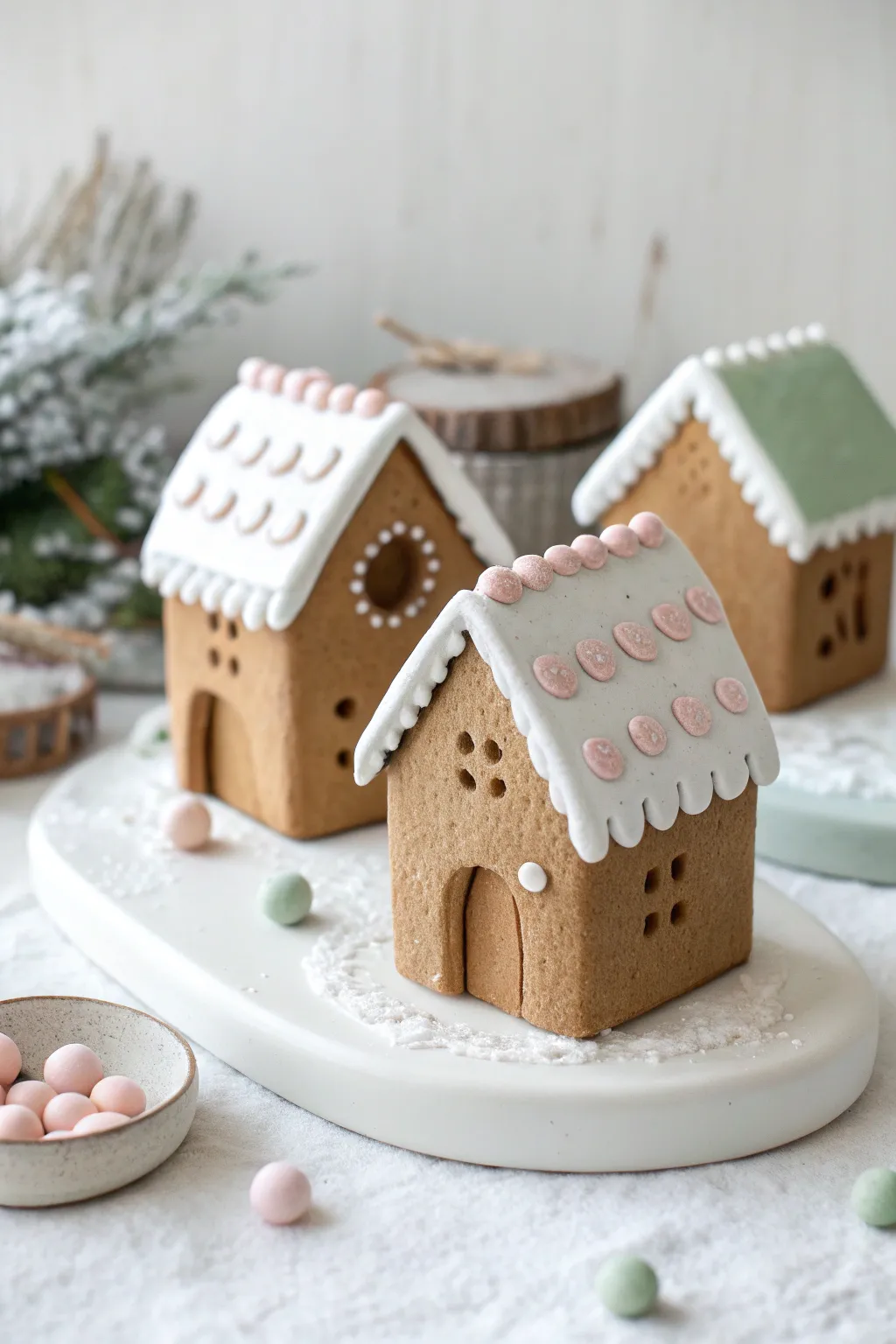 Minimal clay gingerbread village with snowy roofs, simple dots, and cozy Scandinavian charm.