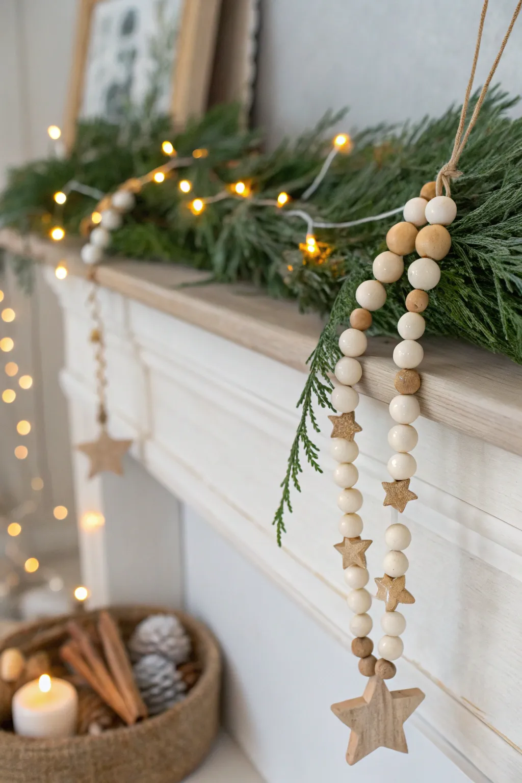 Minimal clay bead garland with stars and bells, softly lit for a cozy Scandinavian Christmas