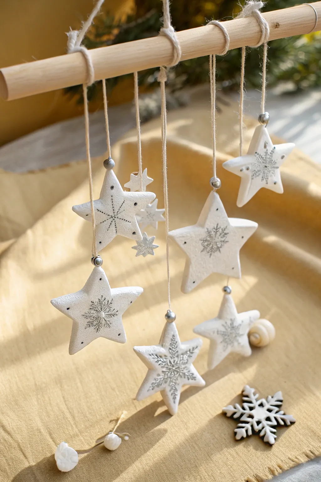 Bright white clay stars and snowflakes with subtle glitter, a simple DIY Christmas hanging set