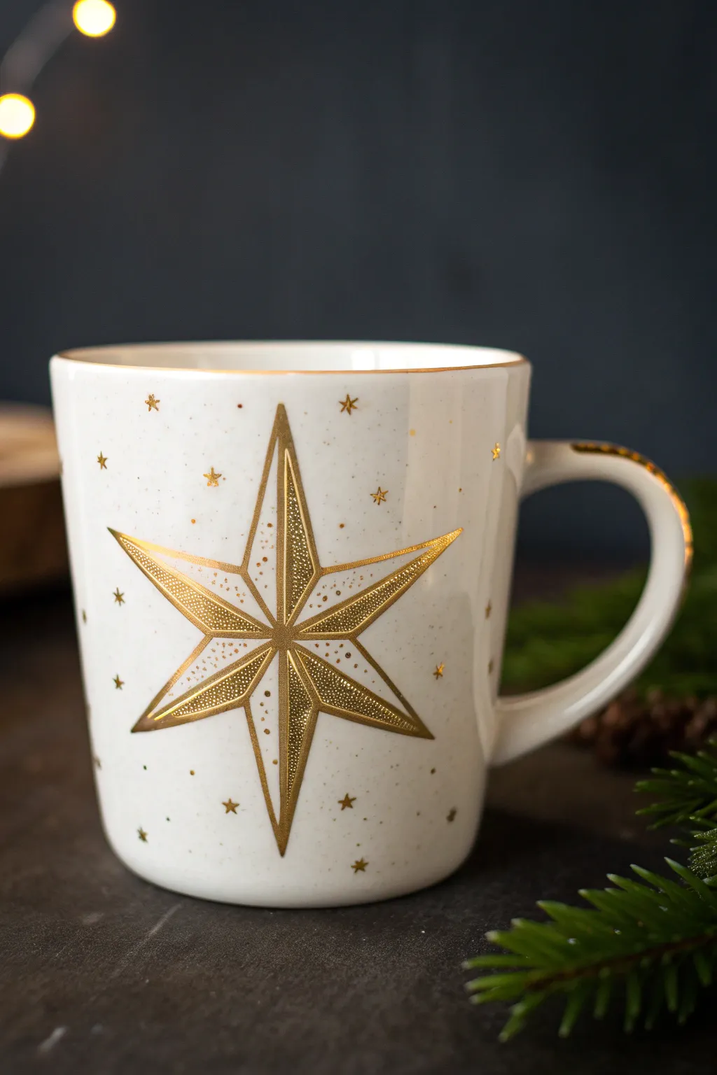 Minimal matte mug with a bold metallic gold Christmas star that shimmers against a dark backdrop