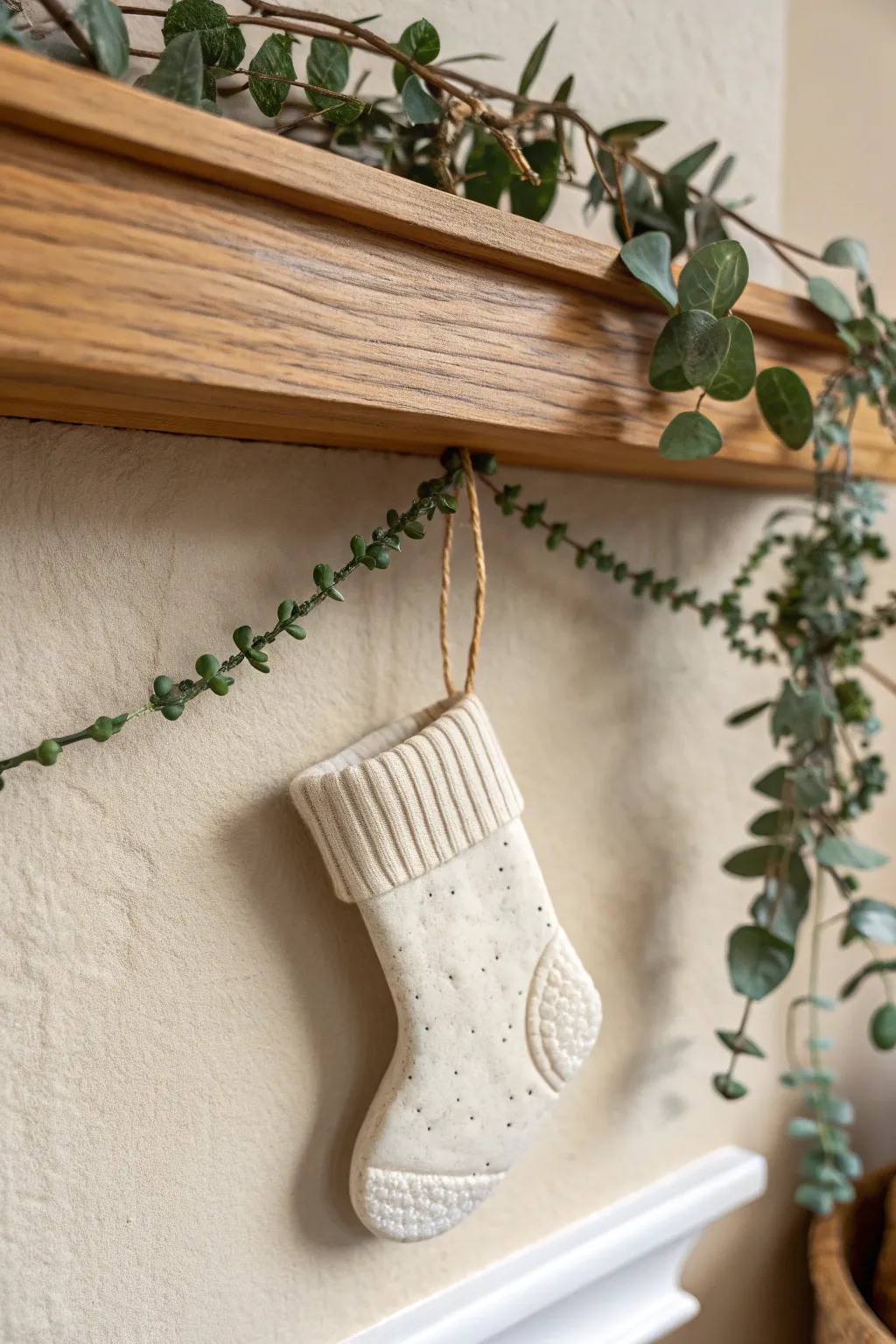 Cozy tiny clay stocking hanger with textured cuff, ready to dress up your mantel this Christmas.