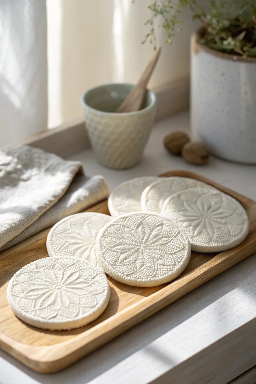 Monochrome lace-texture circle tiles highlighting handmade detail in calm minimalist style.