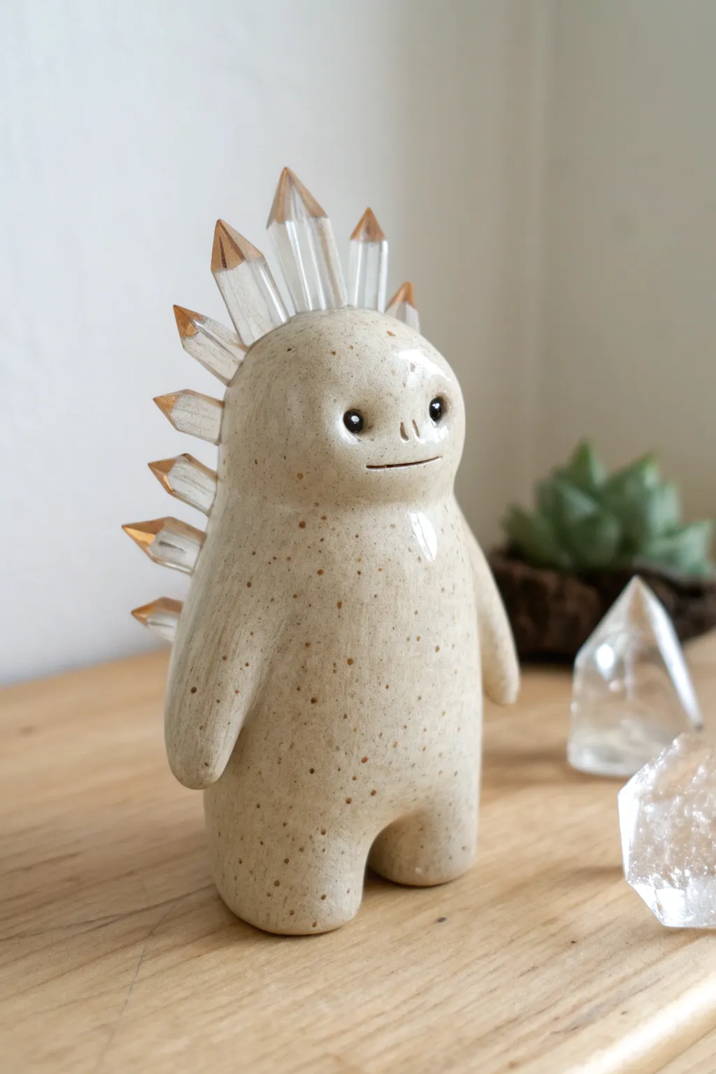 Minimalist clay alien guardian with crystal spine, matte speckled finish and soft boho calm