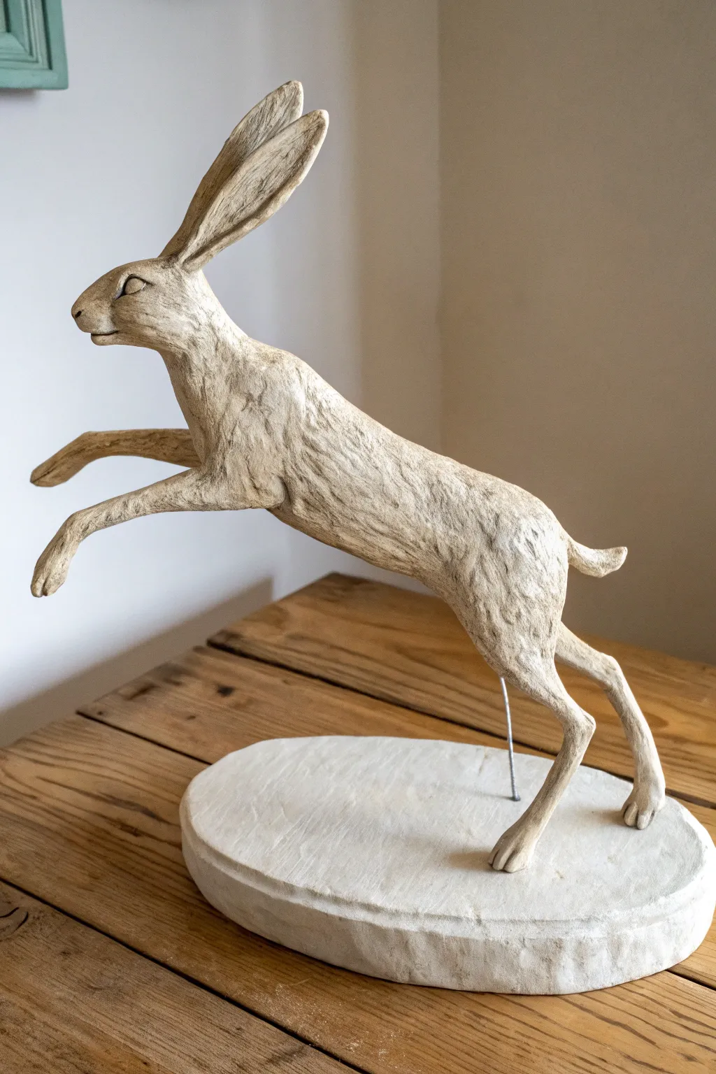Minimalist leaping clay hare on a clean base, simple armature support and graceful motion