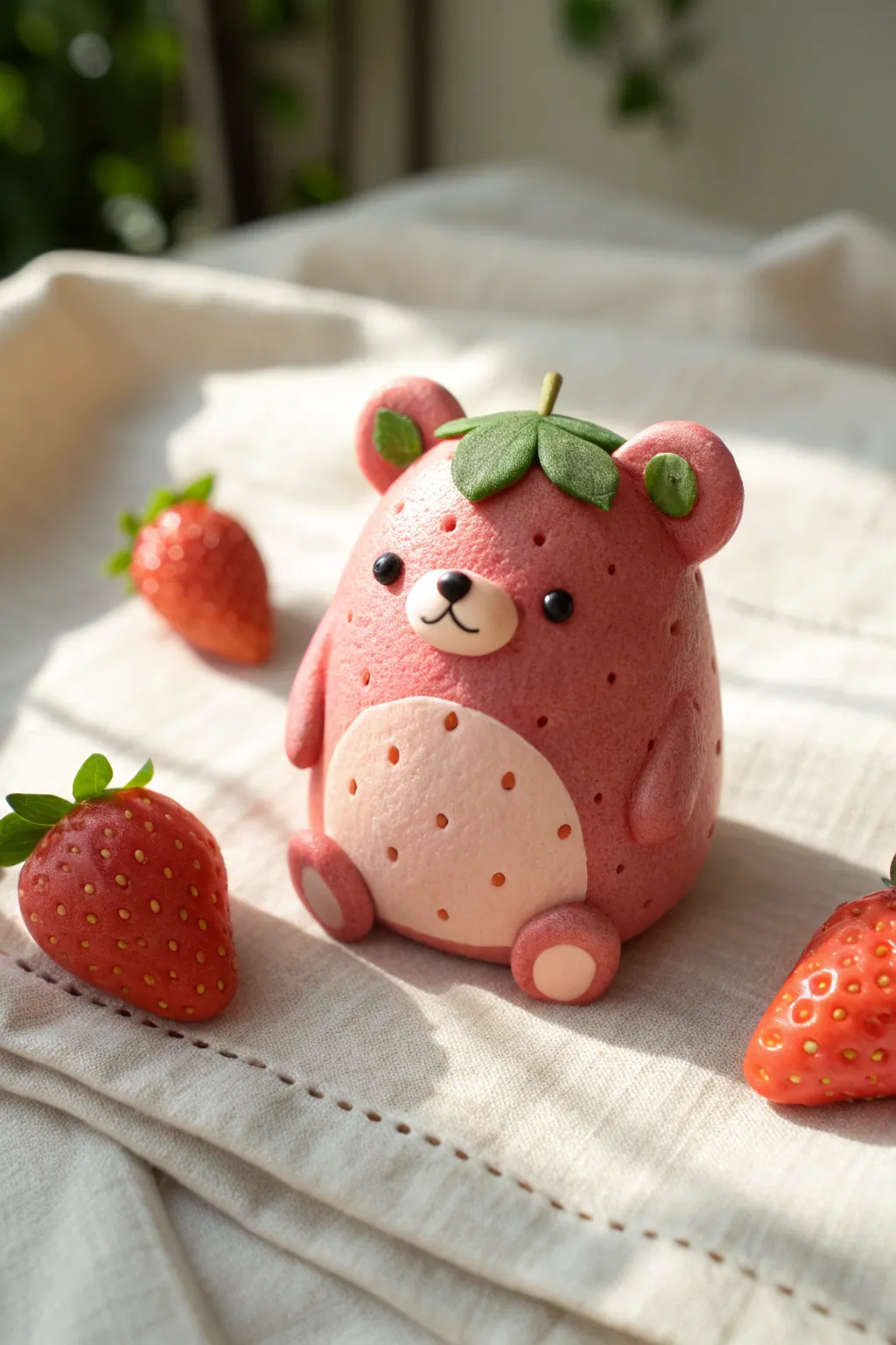 Simple strawberry bear clay figurine with Scandinavian minimal styling and soft natural contrast.