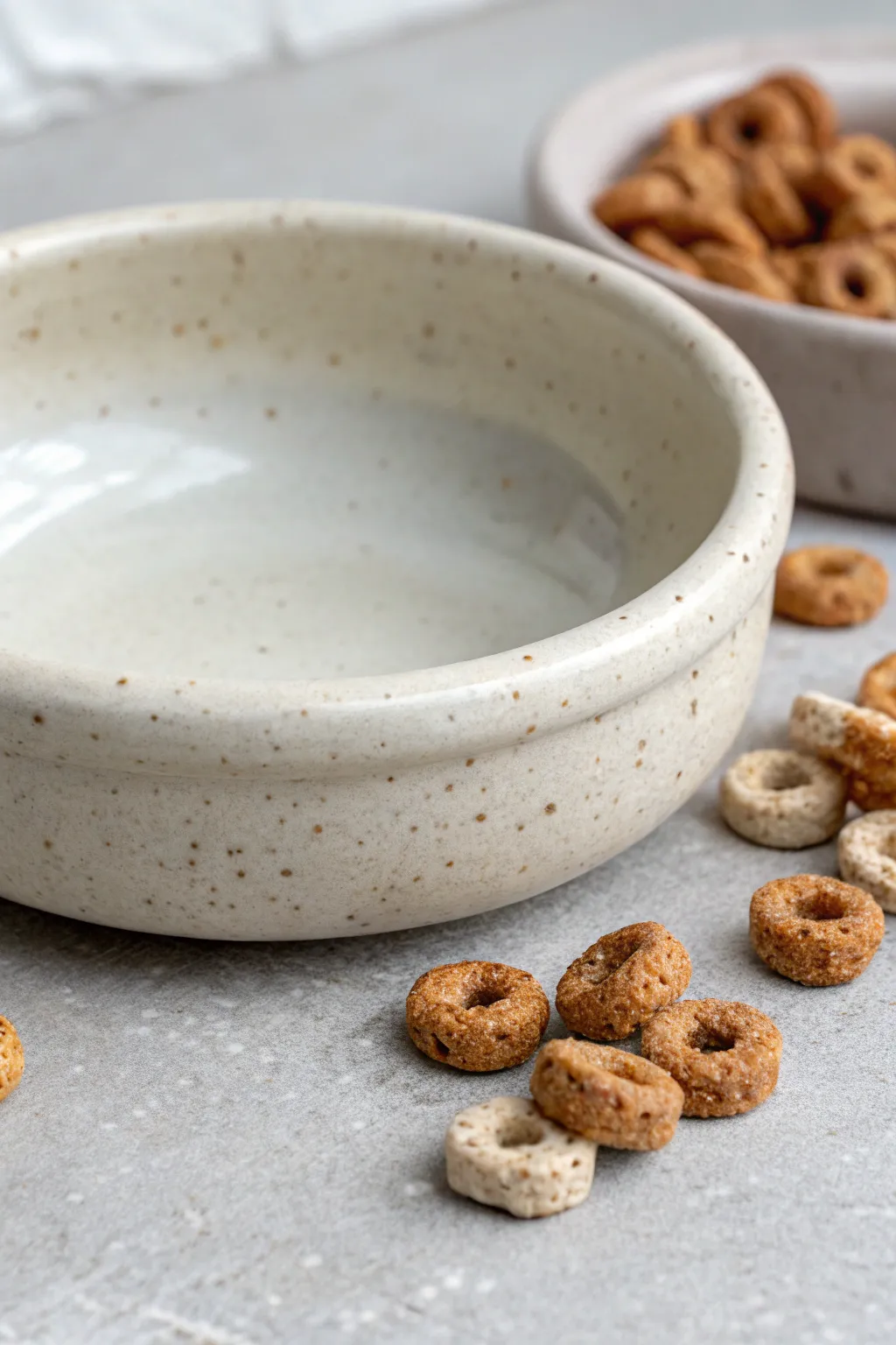 A playful cereal bowl illusion ashtray with glossy milk shine and raised rests in warm oat tones.