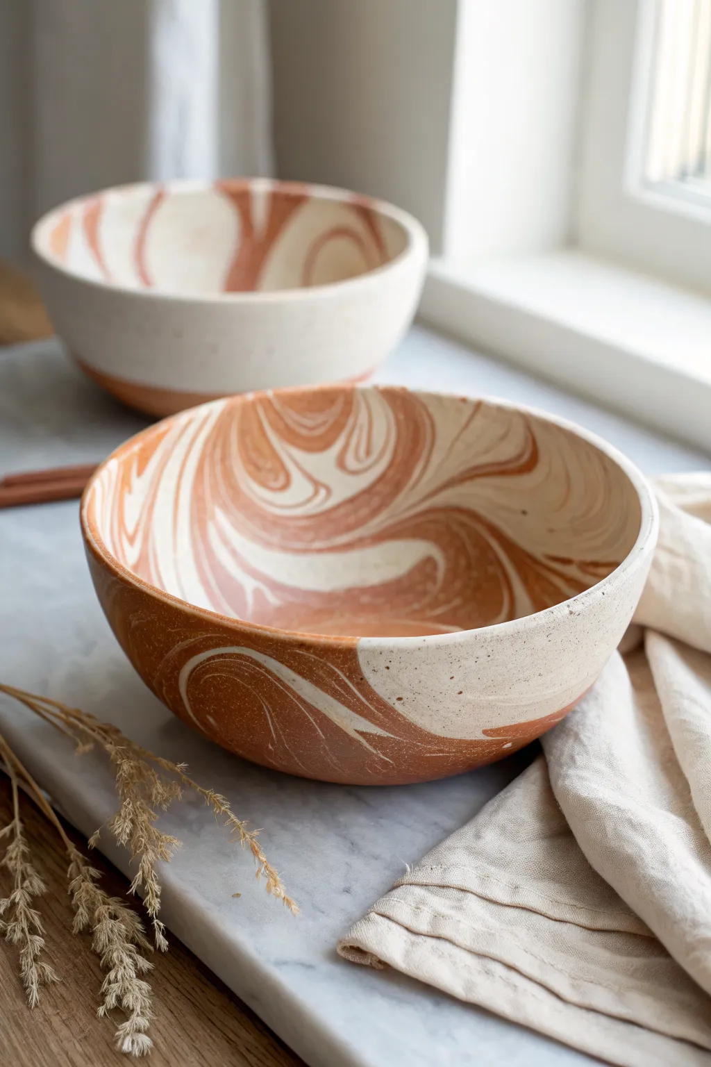 Design two-color marbled bowls together for a cozy clay date, simple, modern, and handmade
