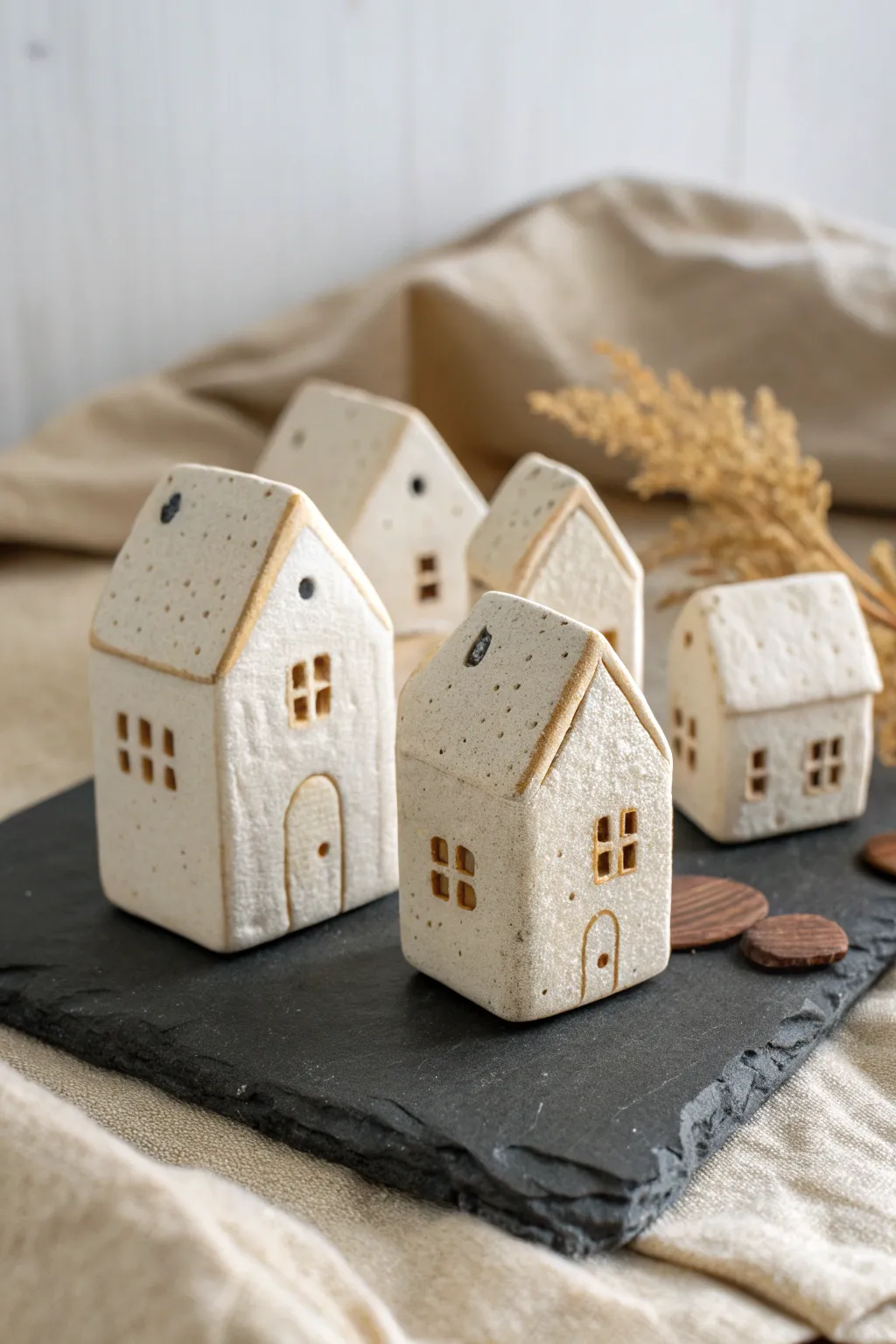 Handmade mini clay house keepsakes in a cozy neighborhood vignette, Scandinavian boho calm.