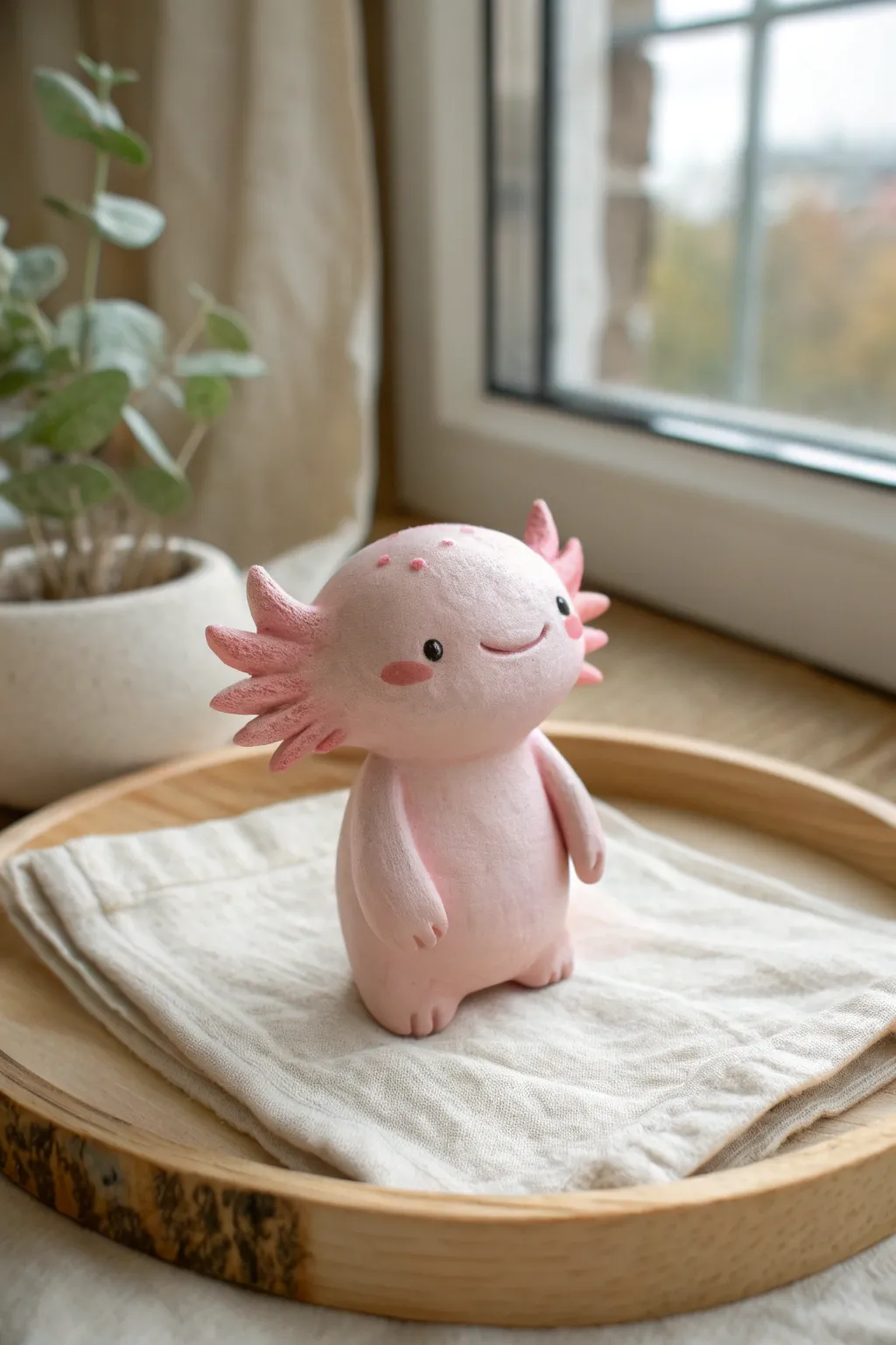 A sweet blush axolotl clay figure with tiny frills, minimalist styling, and cozy handmade charm.