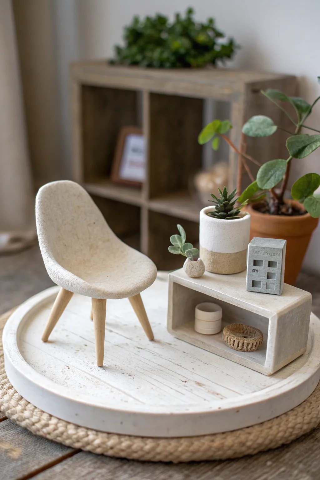 Beginner-friendly mini clay shelf scene: chair, table, and plant in calm Scandinavian style.
