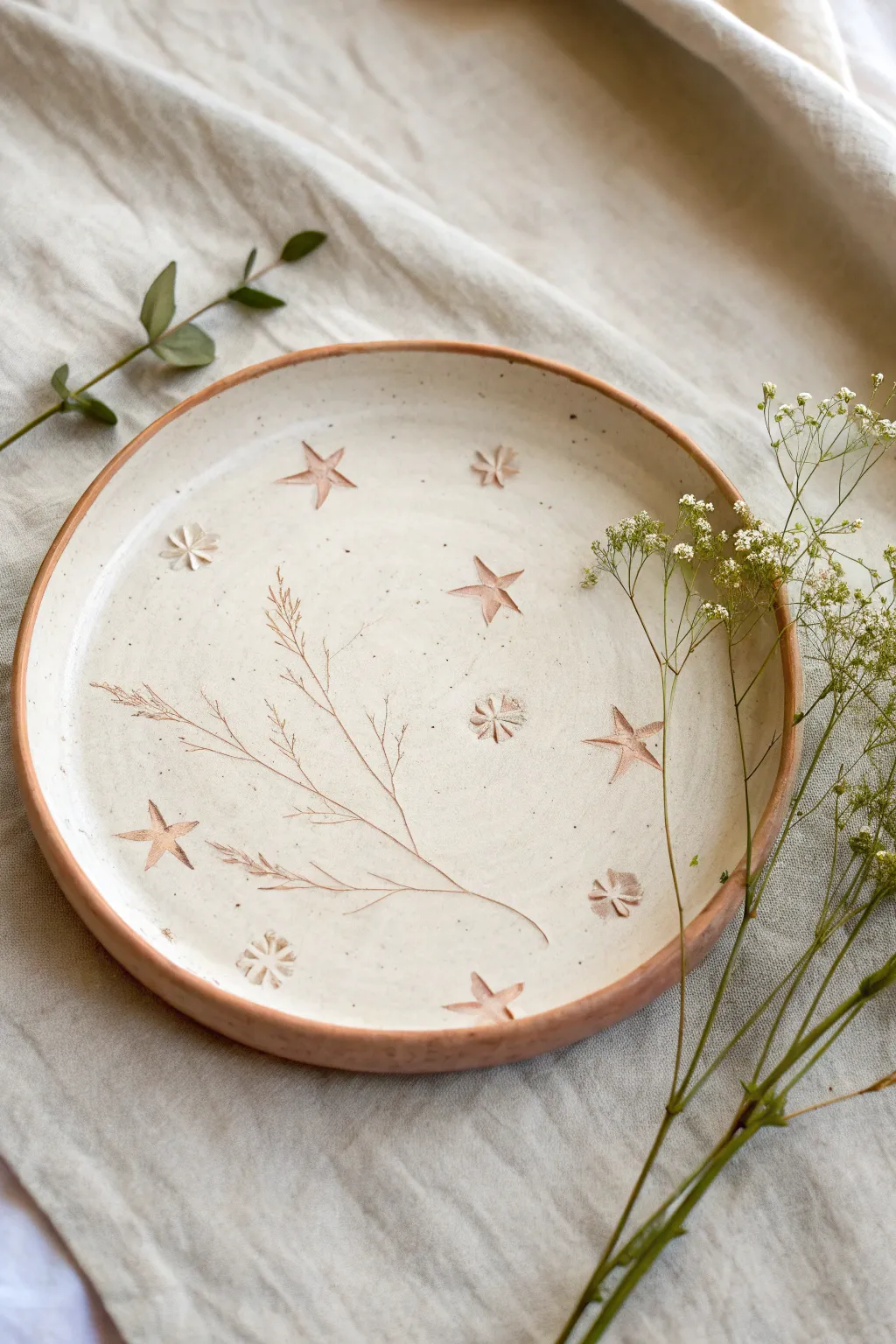 Pressed botanicals meet minimal design in a matte clay imprint plate with crisp natural texture.