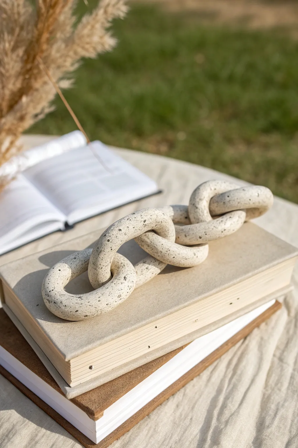 Chunky clay chain links on a neutral book stack, minimalist boho decor with bold shadows.