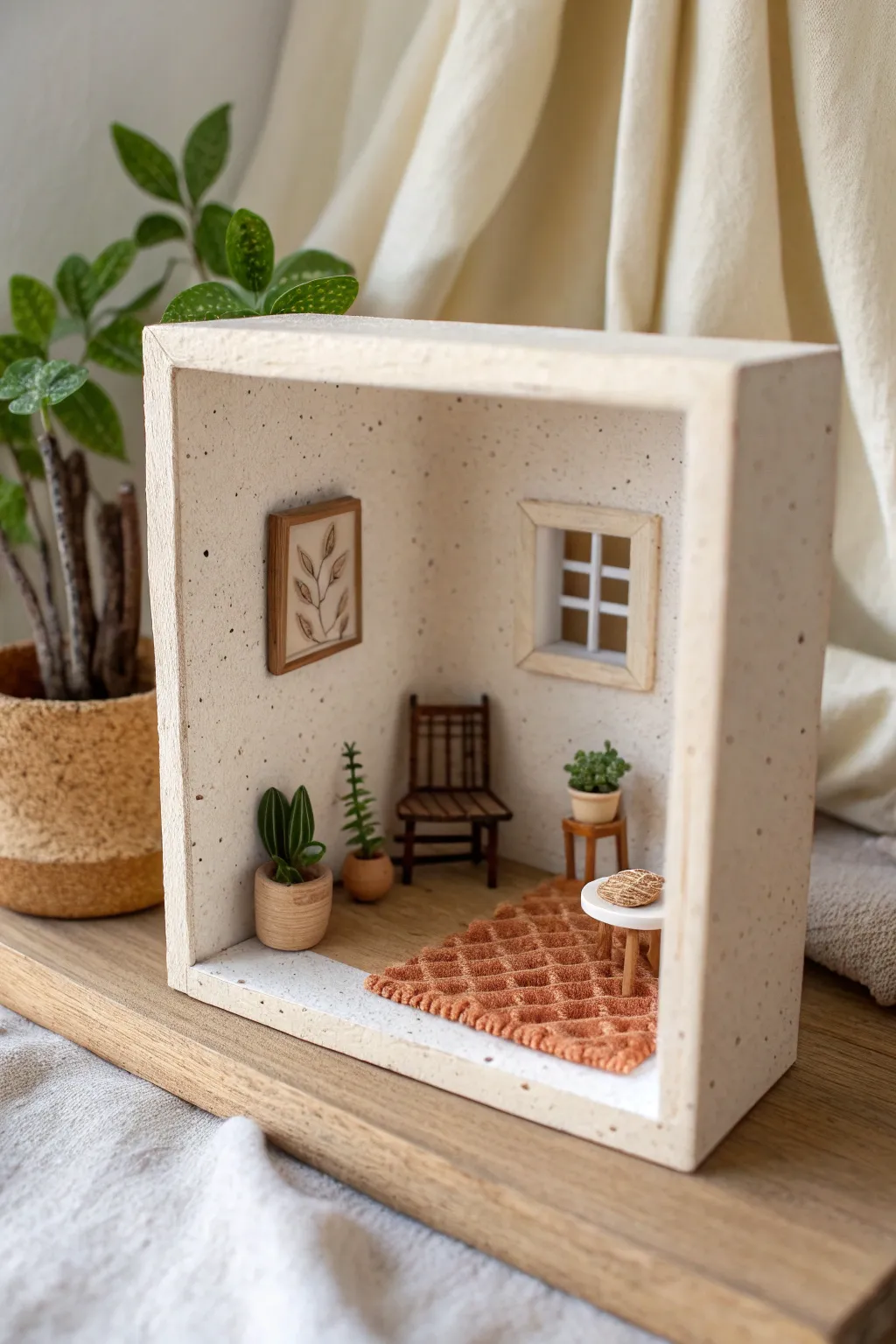 Cozy tiny clay room shadowbox scene in soft neutrals, minimalist with a boho touch.