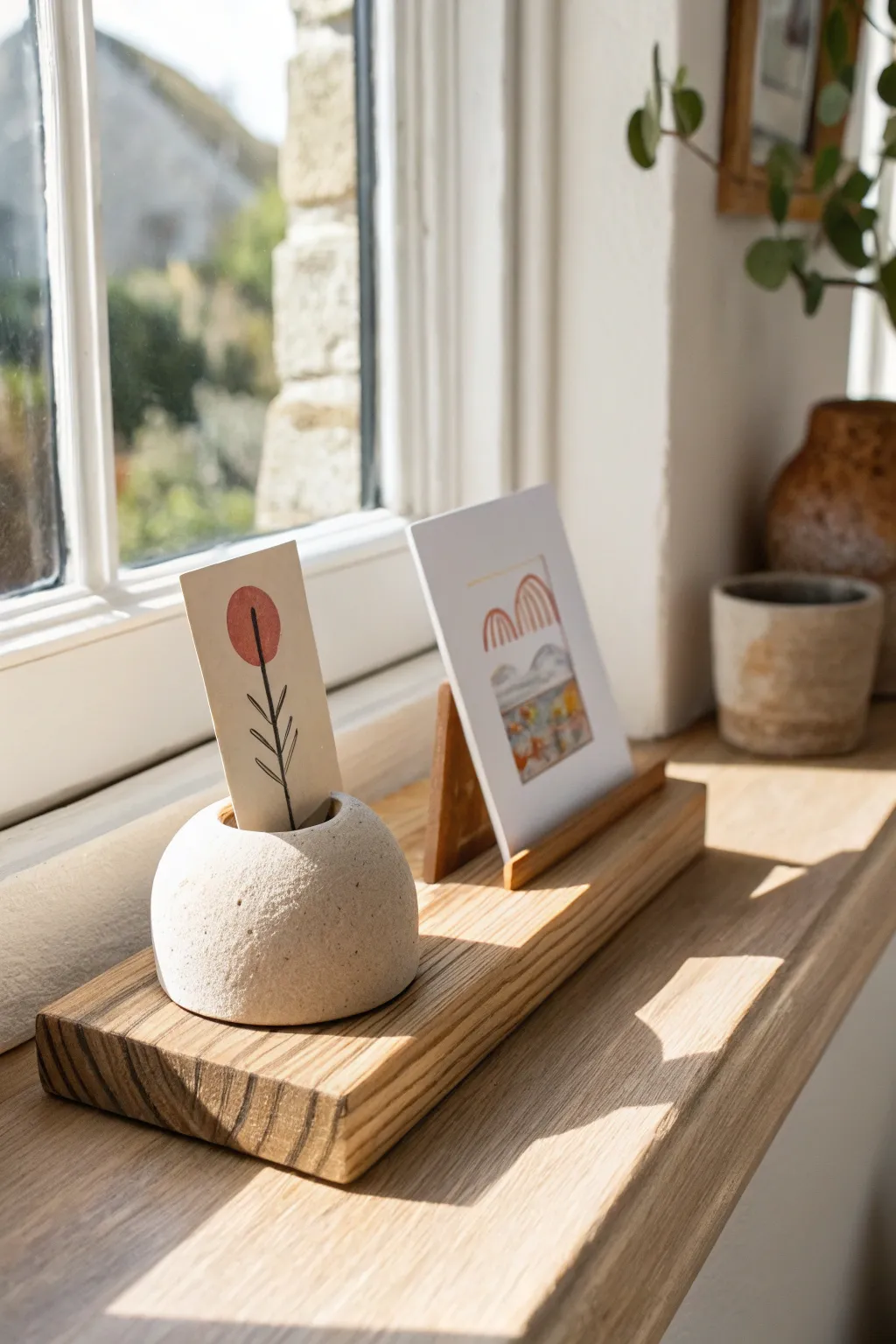 Minimal clay photo holder with a clean slit design, styled on a modern shelf in soft neutrals.