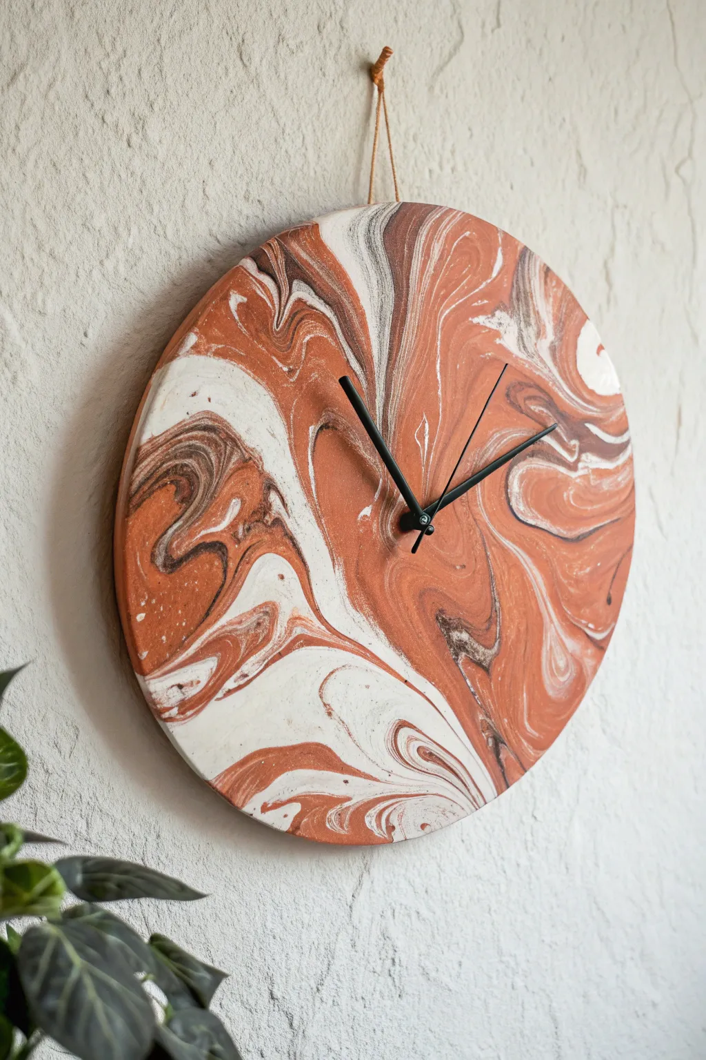 Minimal marbled clay wall clock with soft boho tones, a simple DIY statement piece.