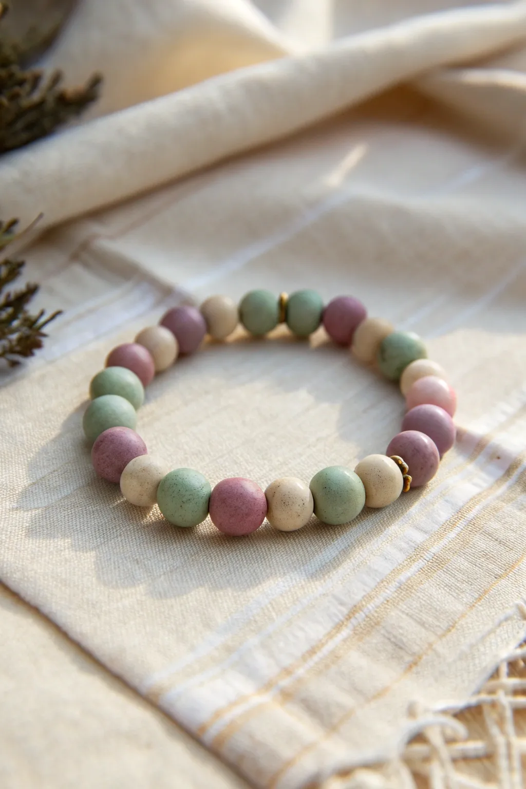 Lavender, sage, cream, and dusty pink clay bead bracelet for a calm, cozy minimalist look